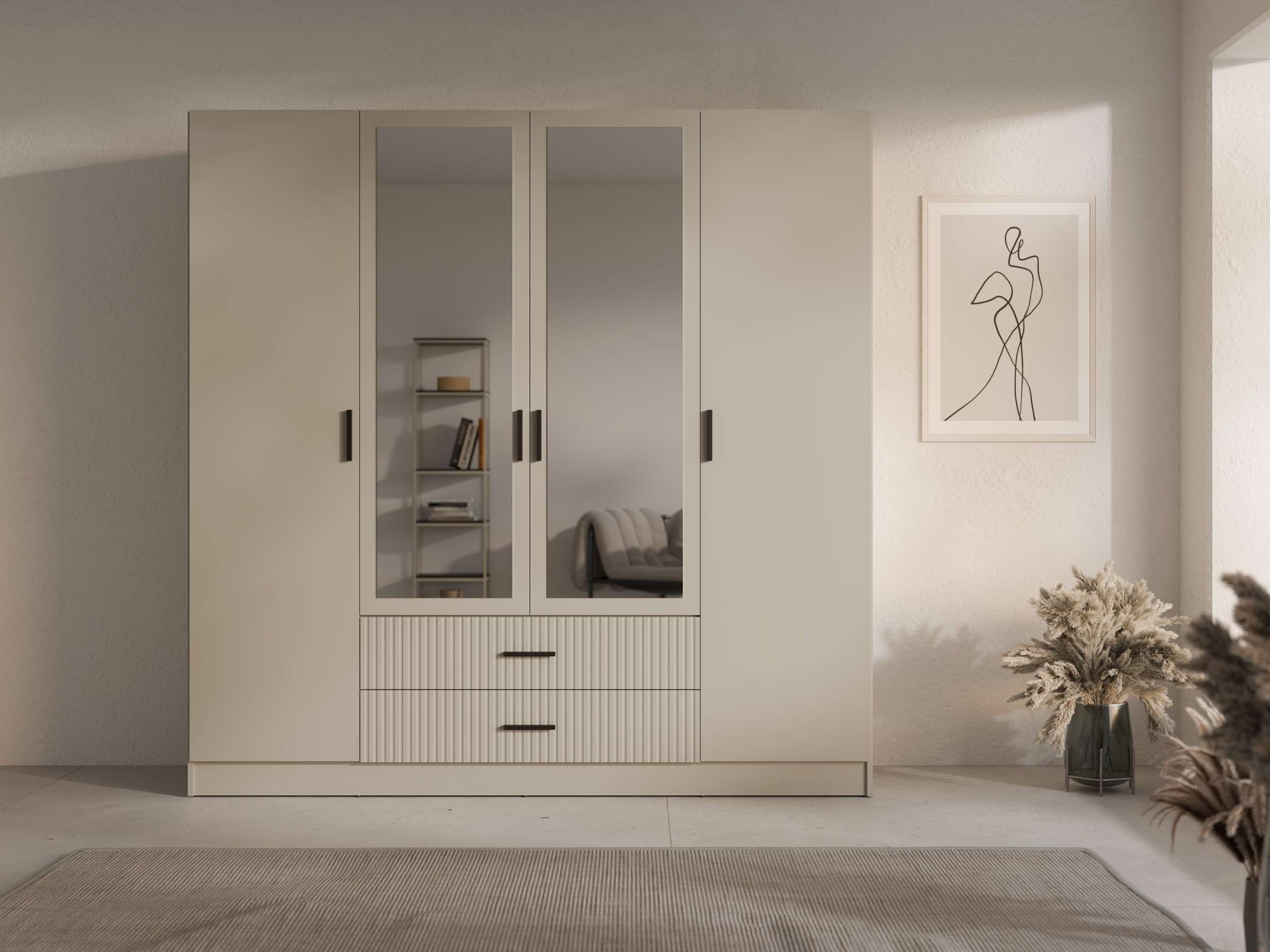OTTO home Kleiderschrank »TERRIK,  modern mit viel Stauraum & geriffelter Struktur, Spiegel« B/H/T ca. 200/200/60,  Schrank mit 11 Fächern, Kleiderstange, 2 Schubladen, Made in EU