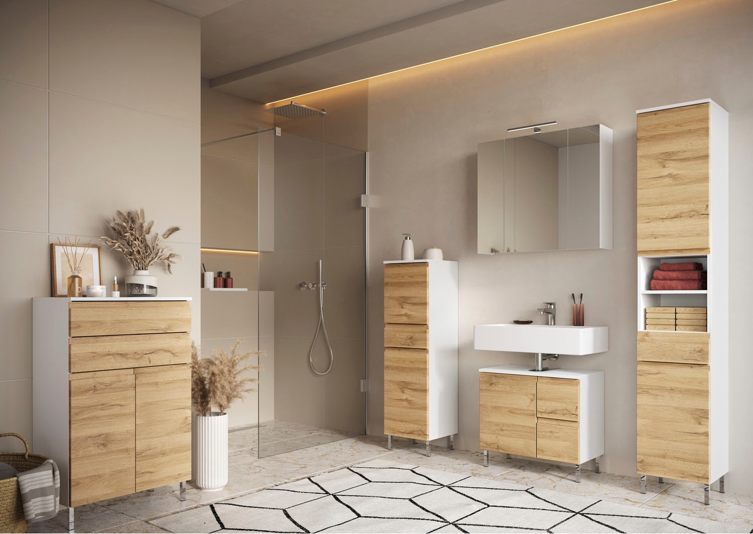 GERMANIA Badmöbel-Set »Torrance«, (5 St.), Unterschrank, Spiegelschrank, Beleuchtung, Kommode, Hochschrank