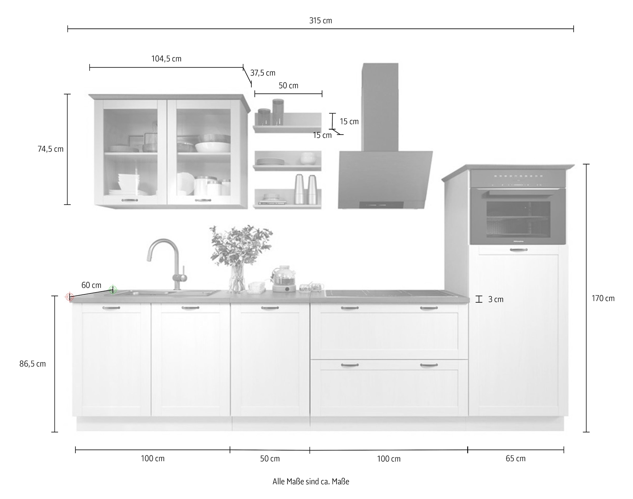 Home affaire Küchenzeile »Teramo« Set, Kombinierbar mit anderen Möbelstücken der Serie Teramo,  Breite 315 cm, Kiefer massiv, mit Arbeitsplatte