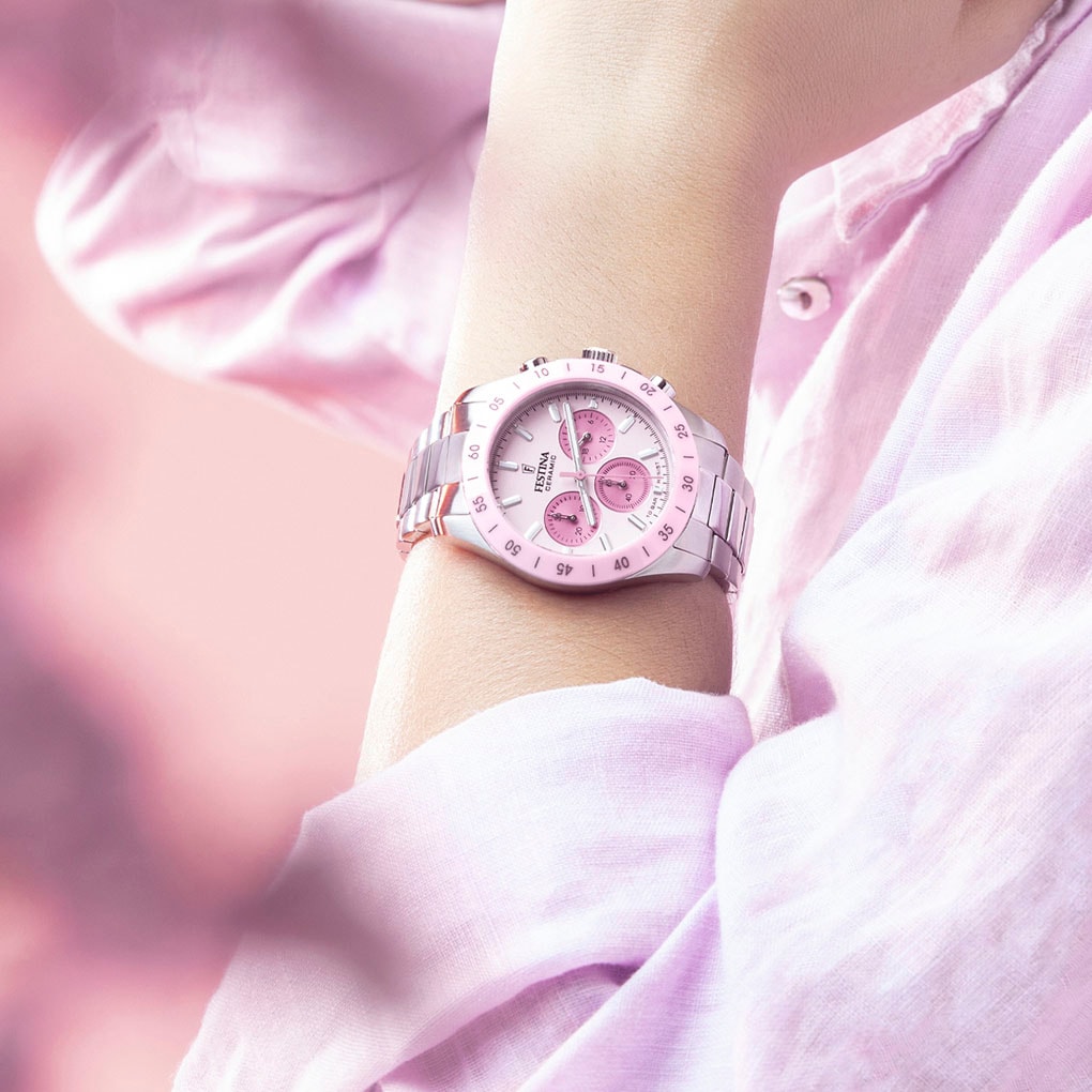 Festina Chronograph »Ceramic«, Quarzuhr, Armbanduhr, Damen, Herren, Edelstahlarmband, Keramiklünette