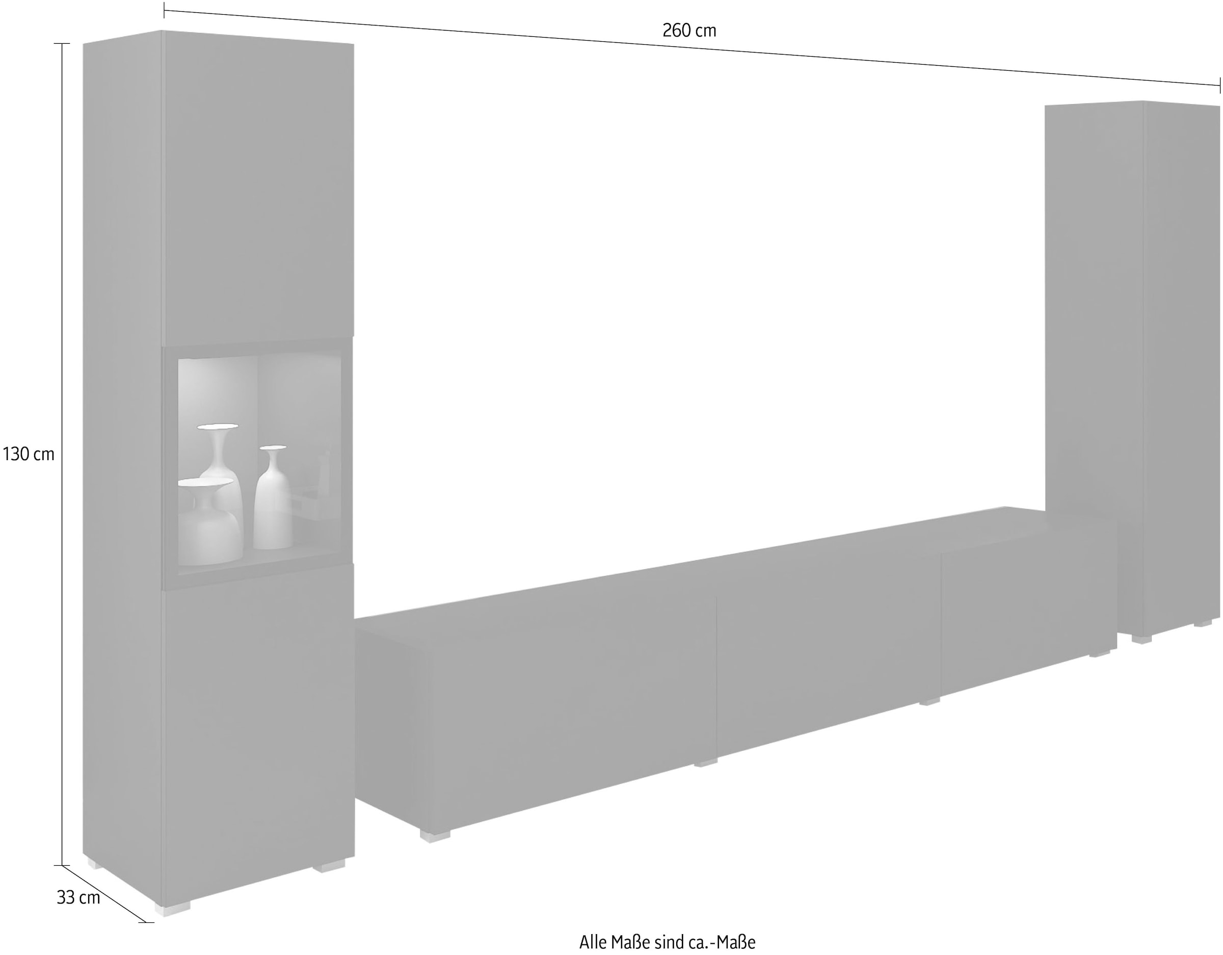 INOSIGN Wohnwand »BERLIN III, Vitrine Türschlag links/rechts wechselbar«, (Komplett-Set, 3 St.), moderne grifflose Mediawand Breite 260 cm, Vitrine mit Verglasung
