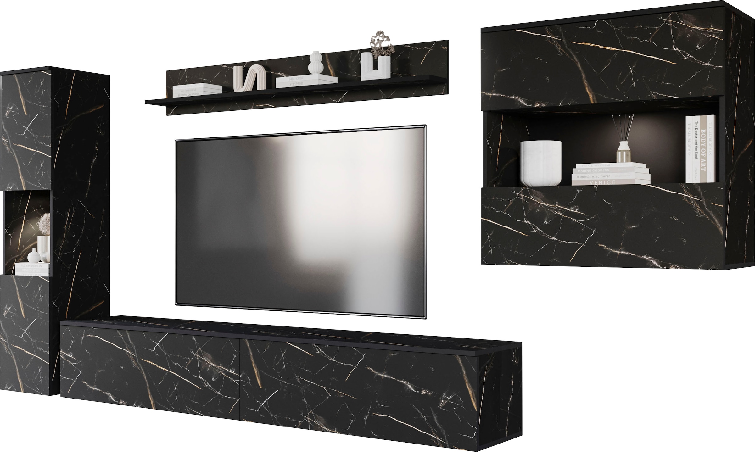 INOSIGN Wohnwand »PARIS«, (Komplett-Set, 4 St.), TV-Wand 300cm breite, grifflose Design, stehend und hängend montierbar