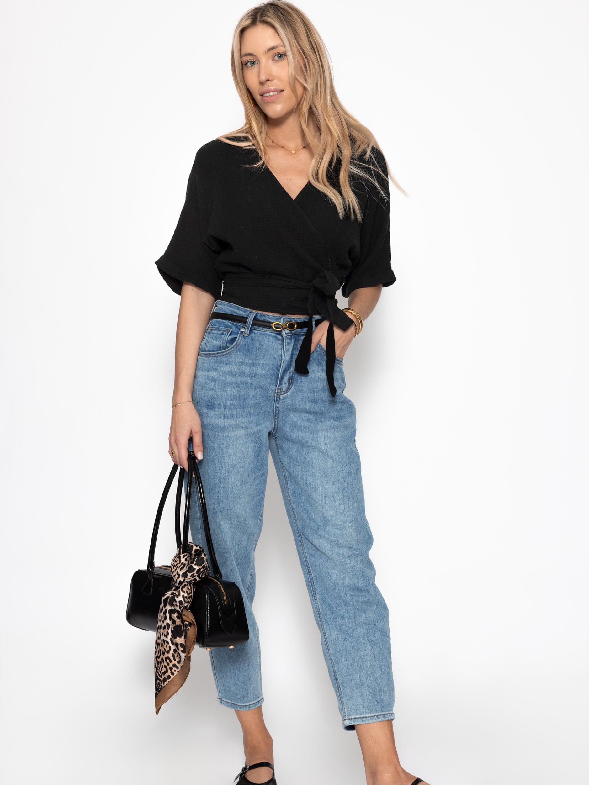 SASSYCLASSY Blusentop »Musselin Bluse zum Wickeln« Kurzarm Wickelbluse aus Baumwolle