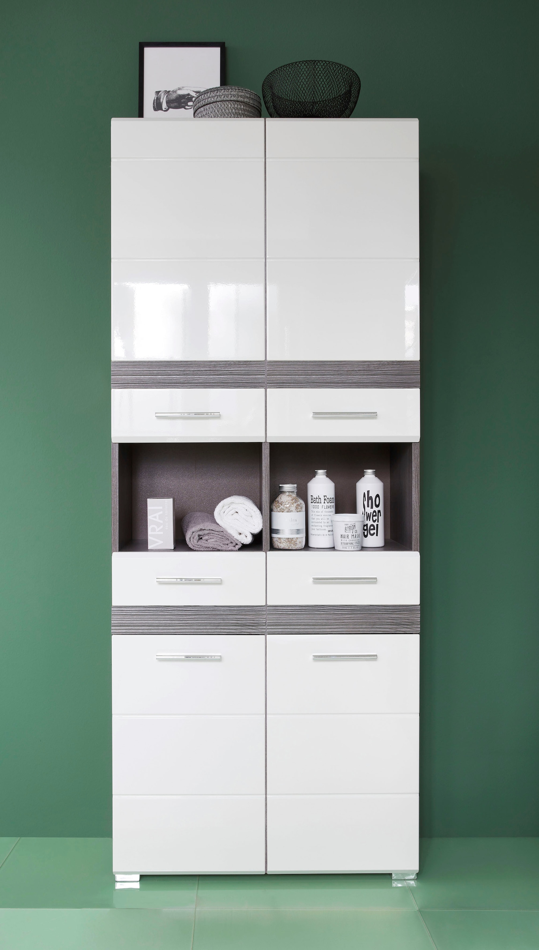 welltime Hochschrank »Toulon«, Badschrank mit 2 Schubladen und offenen Fächern - (B/T/H) 73/31/182 cm