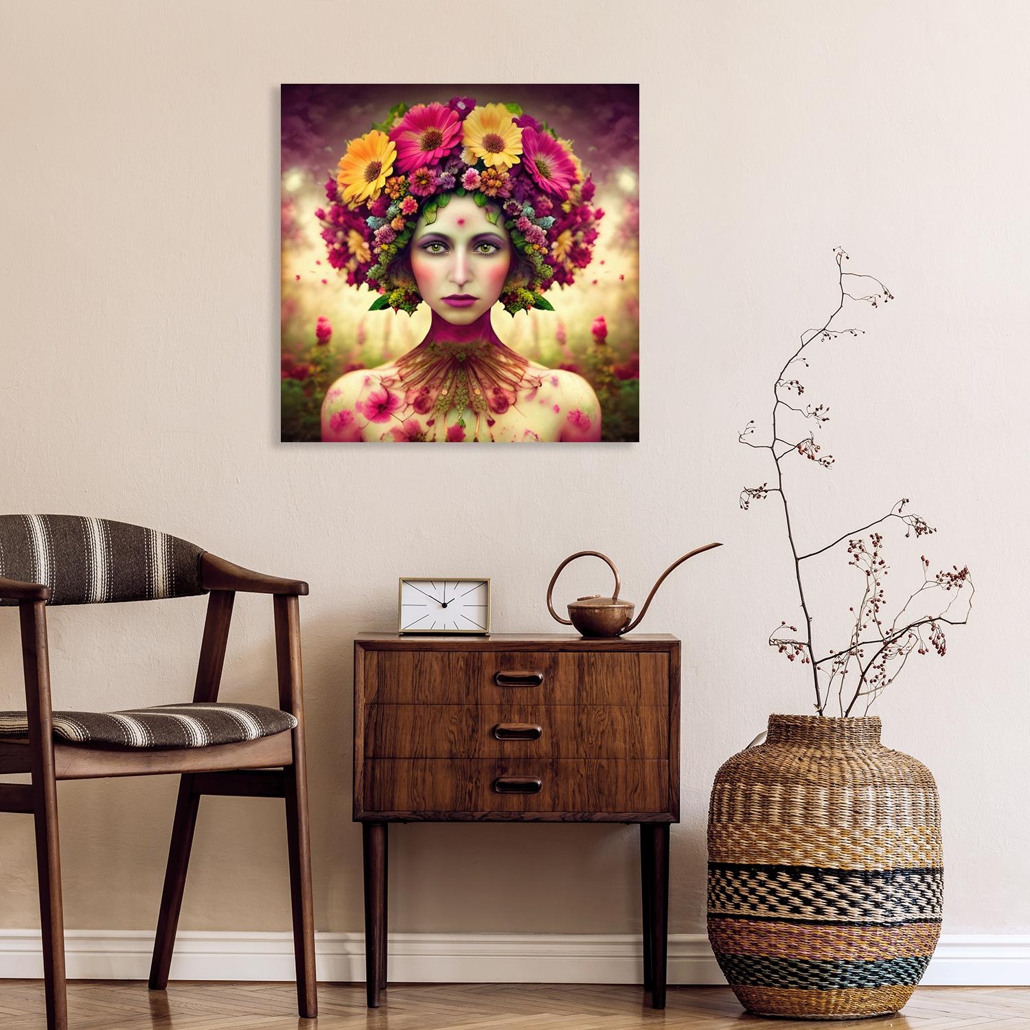 queence Acrylglasbild »Frau mit Blumenkranz - Katharina Kolenda«, Fantasy-Frau-Blumen-Blumenbilder, (1 St.), Kunst, knallige Farben, bunt