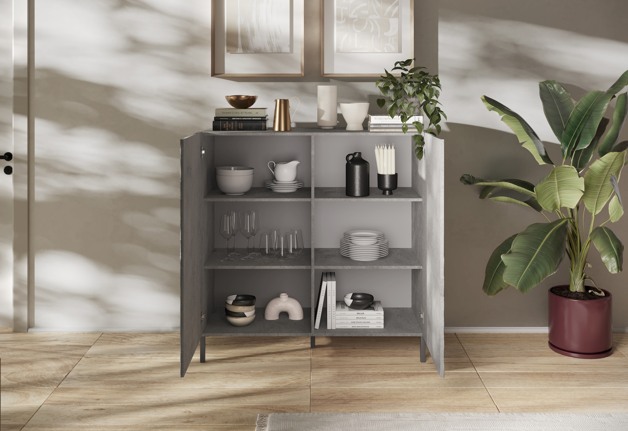 INOSIGN Highboard »Snake, Kommode, Anrichte, Stauraummöbel, Höhe 123 cm, Breite 121 cm«, moderne Wohnmöbel, 2 Türen, viel Stauraum, stilvoll und funktional