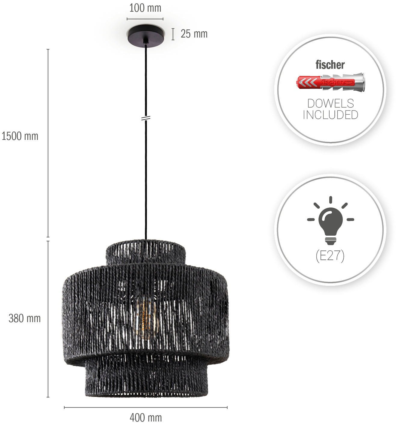 Paco Home Pendelleuchte »Hugo Lupita«, Leuchtmittel E27 | ohne Leuchtmittel, Wohnzimmer Esszimmer Rattan Optik Boho Lampenschirm Papier