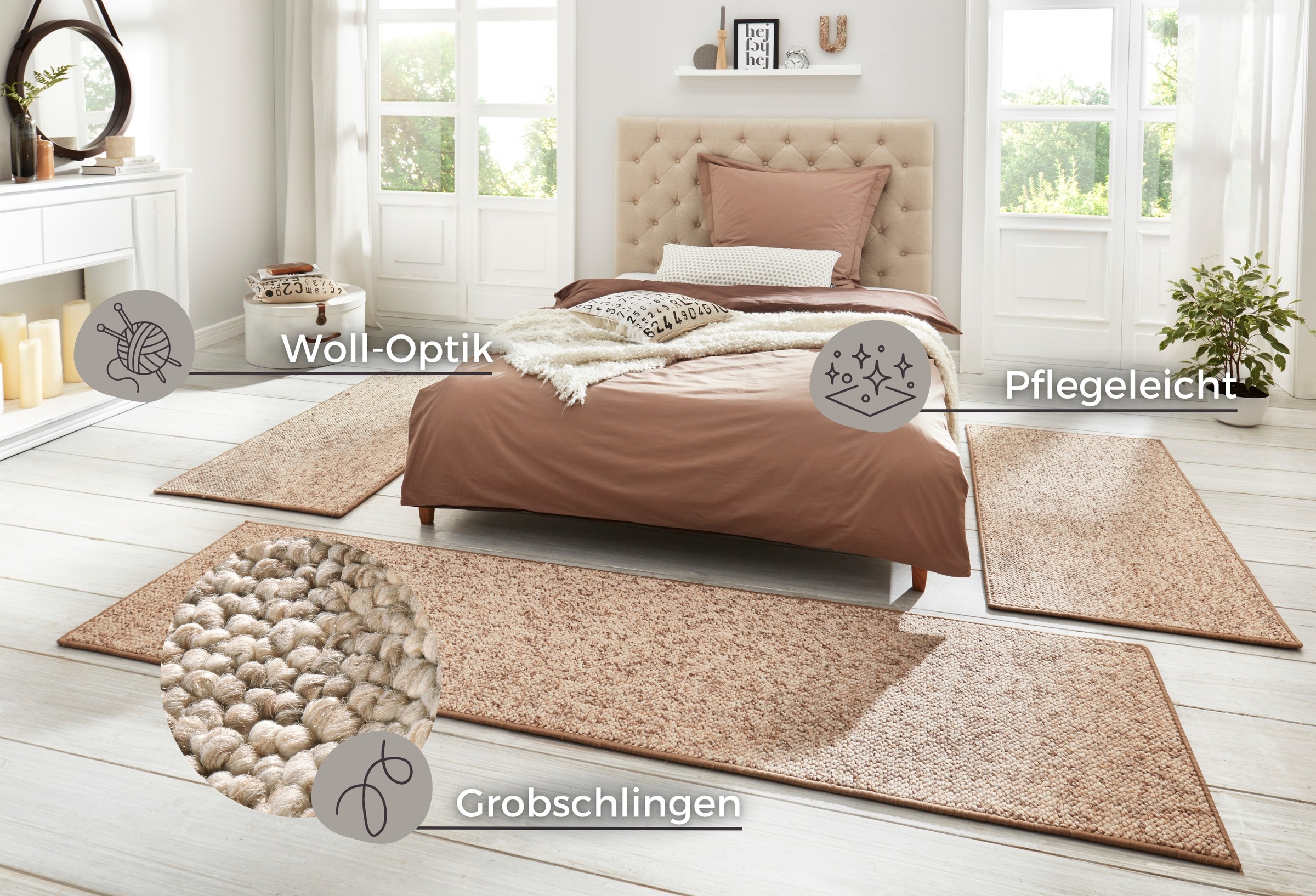 HANSE Home Bettumrandung »Wolly 2«, (3 tlg.), Bettvorleger, 3-teiliger Läufer Set, Unifarben, Kurzflor, Bettläufer