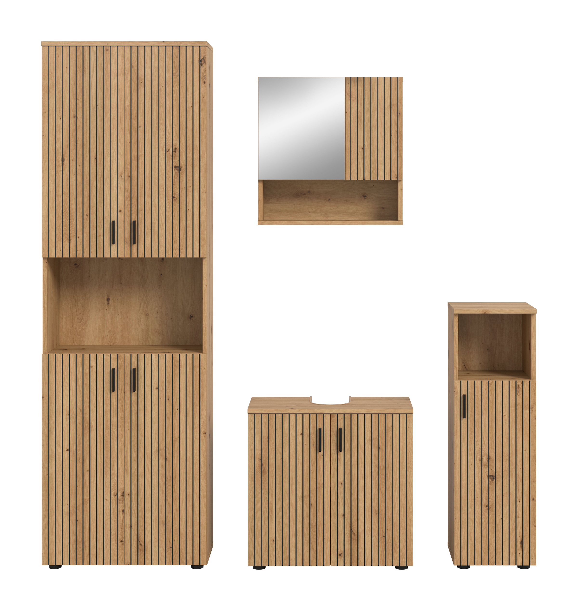 welltime Badmöbel-Set »MANI, 4-tlg. Badkombination, Paneeloptik« Set, Set, best. aus: 1 Hochschrank, 1 Spiegelschrank, 1 WBU, 1 Badschrank, 4 Stk. tlg.