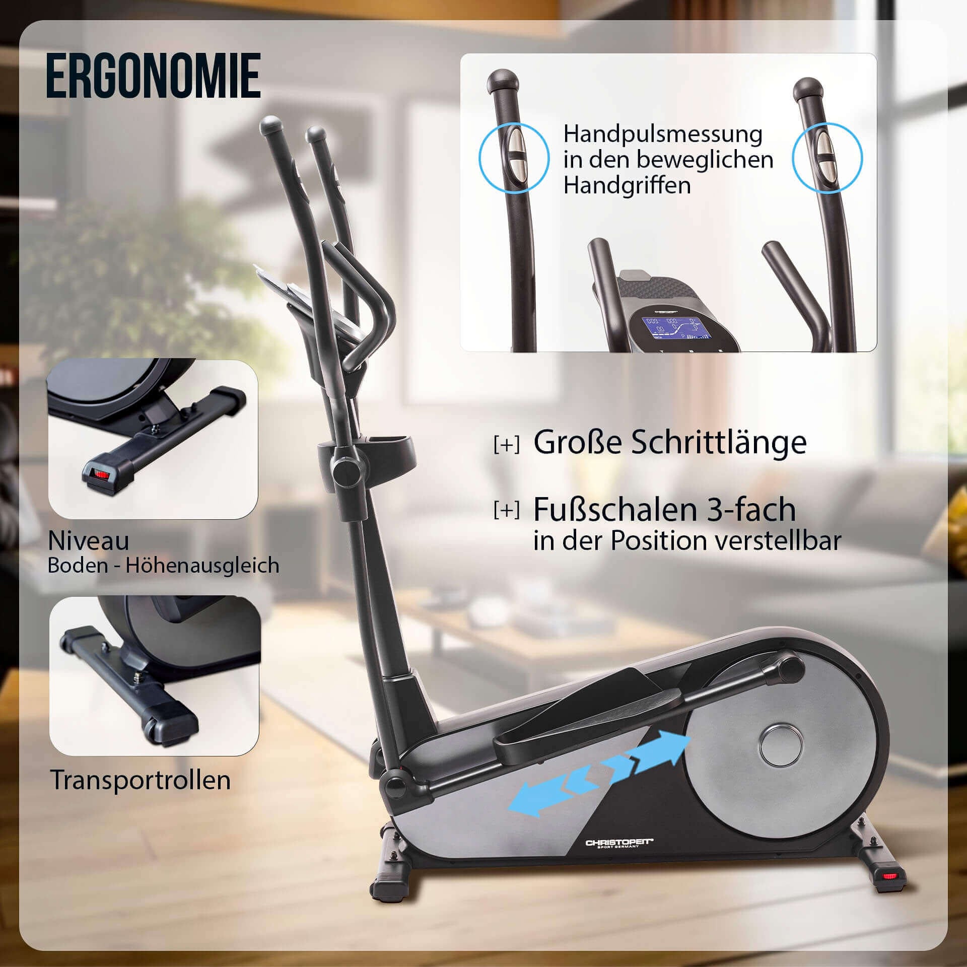 Christopeit Sport® Crosstrainer-Ergometer »EL 8000«, (mit Tablet-Halterung und integr. Pulsempfänger), Schwungmasse ca. 12 kg, 32 Widerstandsstufen