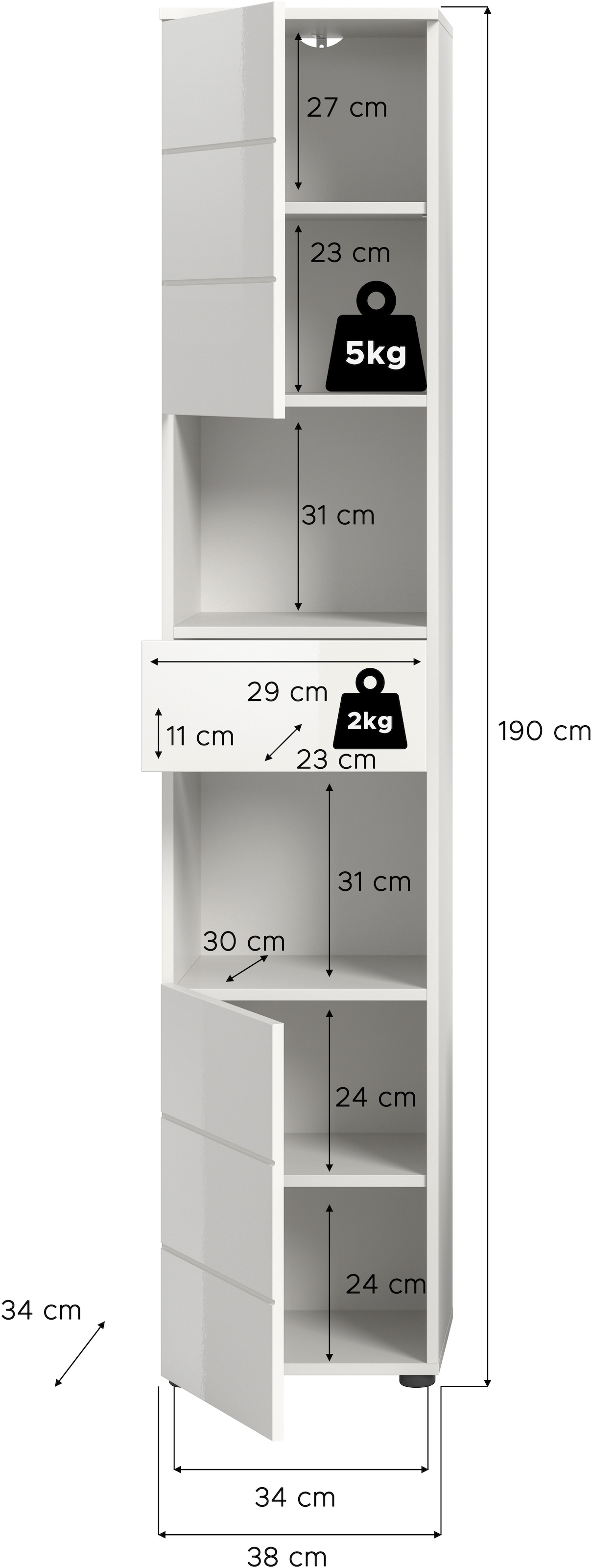 welltime Hochschrank »Biel, Höhe 190 cm, 2 Türen, 1 Schubkasten«, (1 St.), Türanschlag wechselbar, modernes Design, Badschrank, Unterschrank, Bad