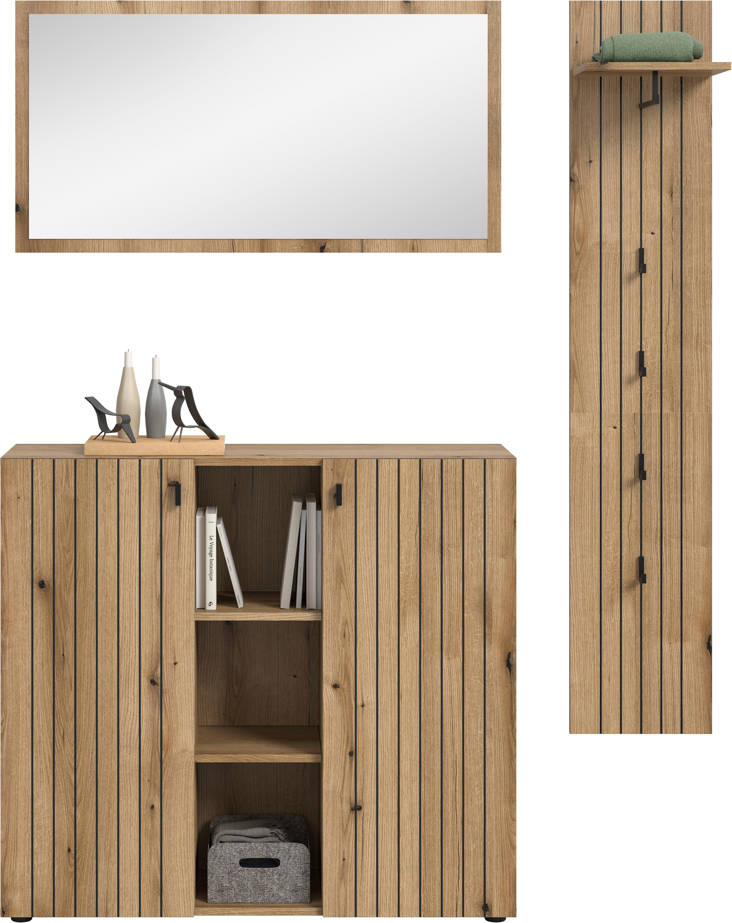 Home affaire Garderoben-Set »TATIO, 3-tlg. Garderobenkombination, Breite:157cm, Rillenfräsung« Set, Set, best. aus: 1 Spiegel, 1 Garderobenpaneel, 1 Schuhkommode, 3 Stk. tlg.