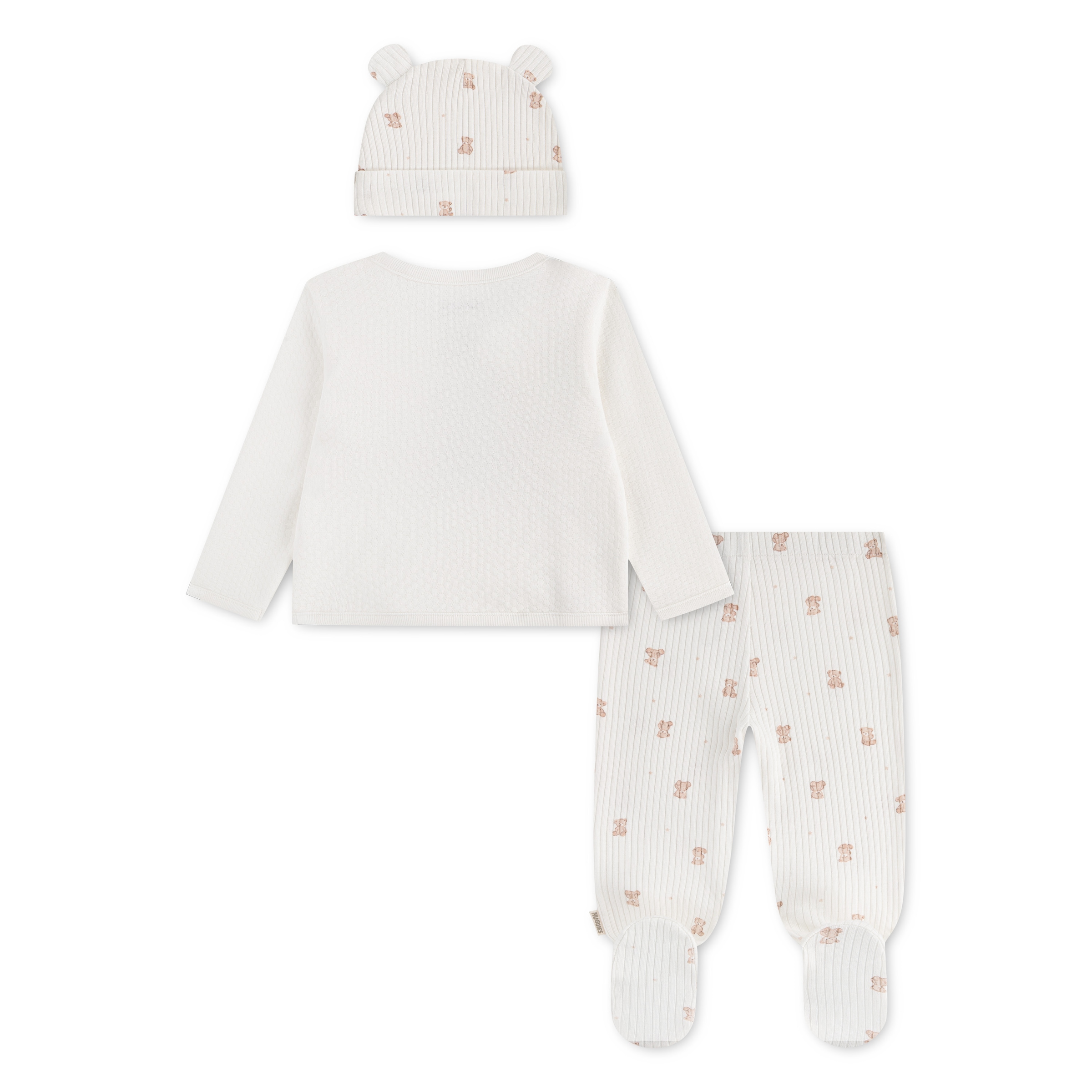 HUGGIES babywear Shirt, Hose, Jacke & Mütze »HUGN FOOTED PANT SET + ATTACHM« Set, 3 3er Seit Mütze-Jäckchen-Hose mit Füßen und Allover-Prints