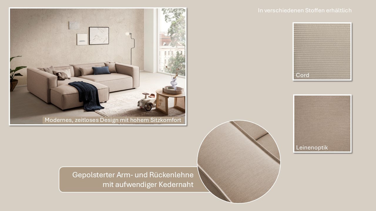 LeGer Home by Lena Gercke Ecksofa »PIARA XXL, Big-Sofa in Cord oder Leinenoptik, L-Form, mit Kedernaht«, wahlweise Ottomane rechts/links, schwarze Füße, extra tiefe Sitzfläche