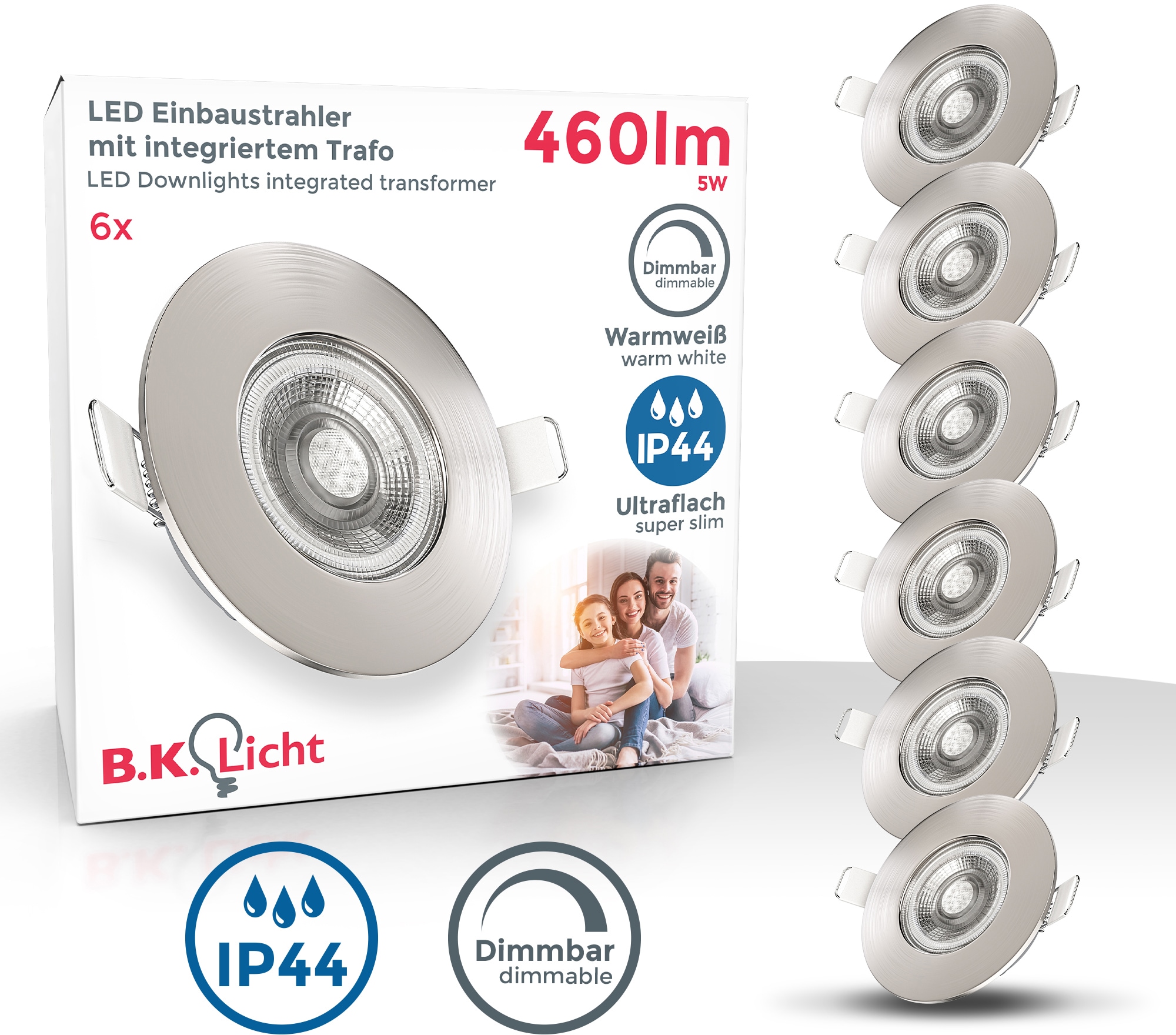 B.K.Licht LED Bad-Einbauleuchte, 6er Set, Schutzart IP44, spritzwassergeschützt