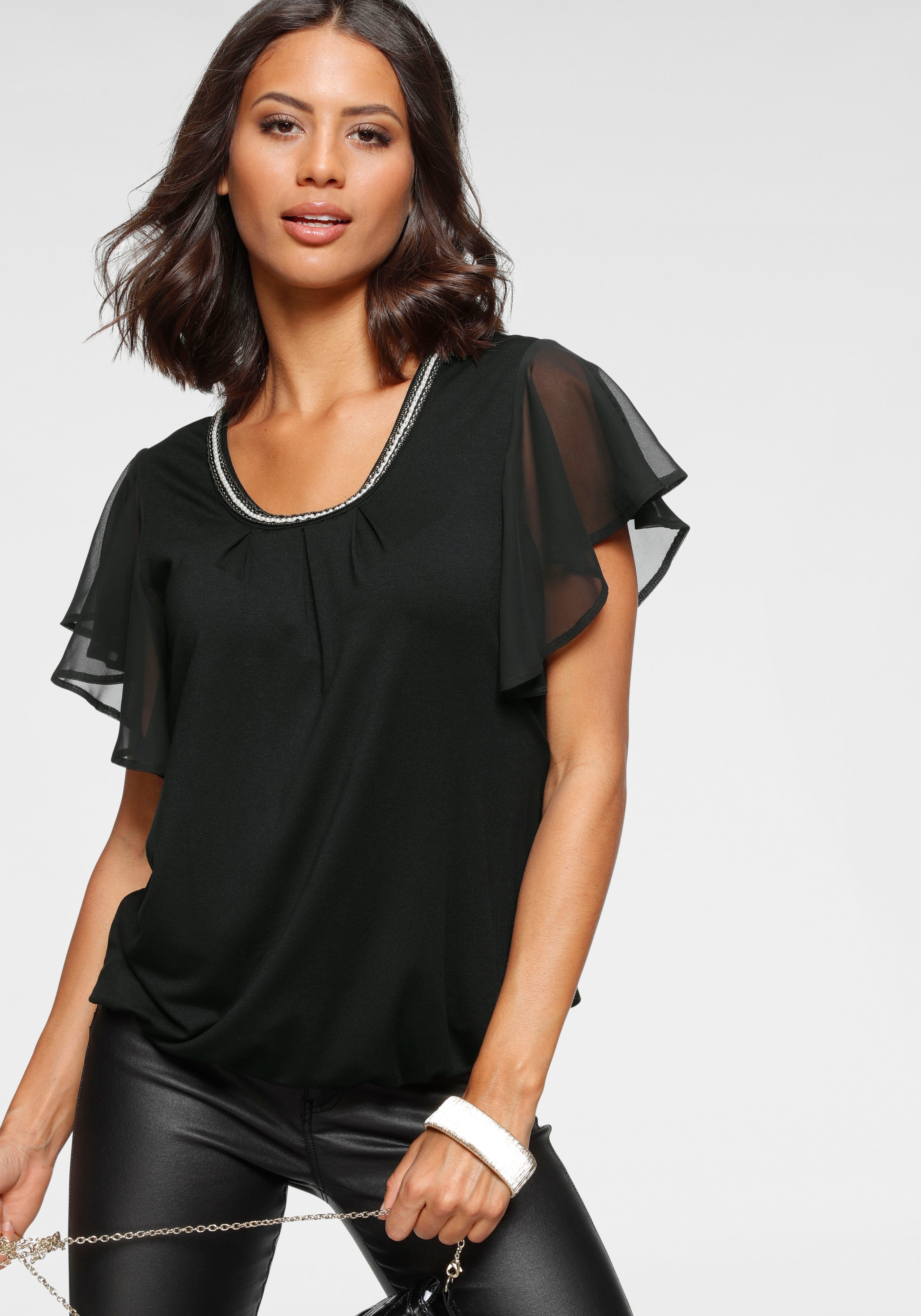 Laura Scott Rundhalsshirt, mit Schmuckband und Chiffon Flügelärmel