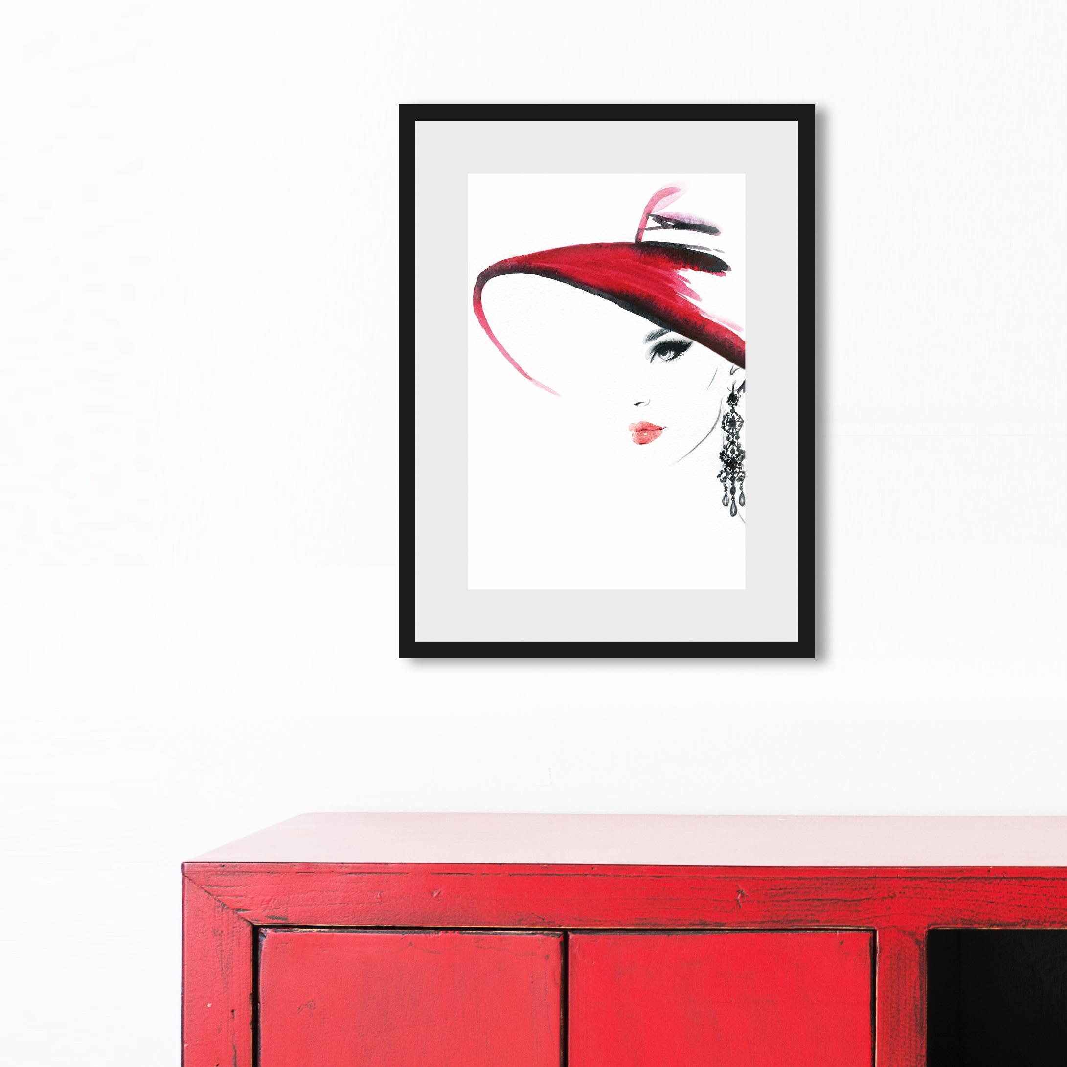 Leonique Bild mit Rahmen »Skizze Frau mit Hut und Ohrring«, Fashion-Magazincover-Mode-Modebilder-Frau-Bilder von Frauen, (1 St.), HD Premium Poster-Druck inkl. Holzrahmen