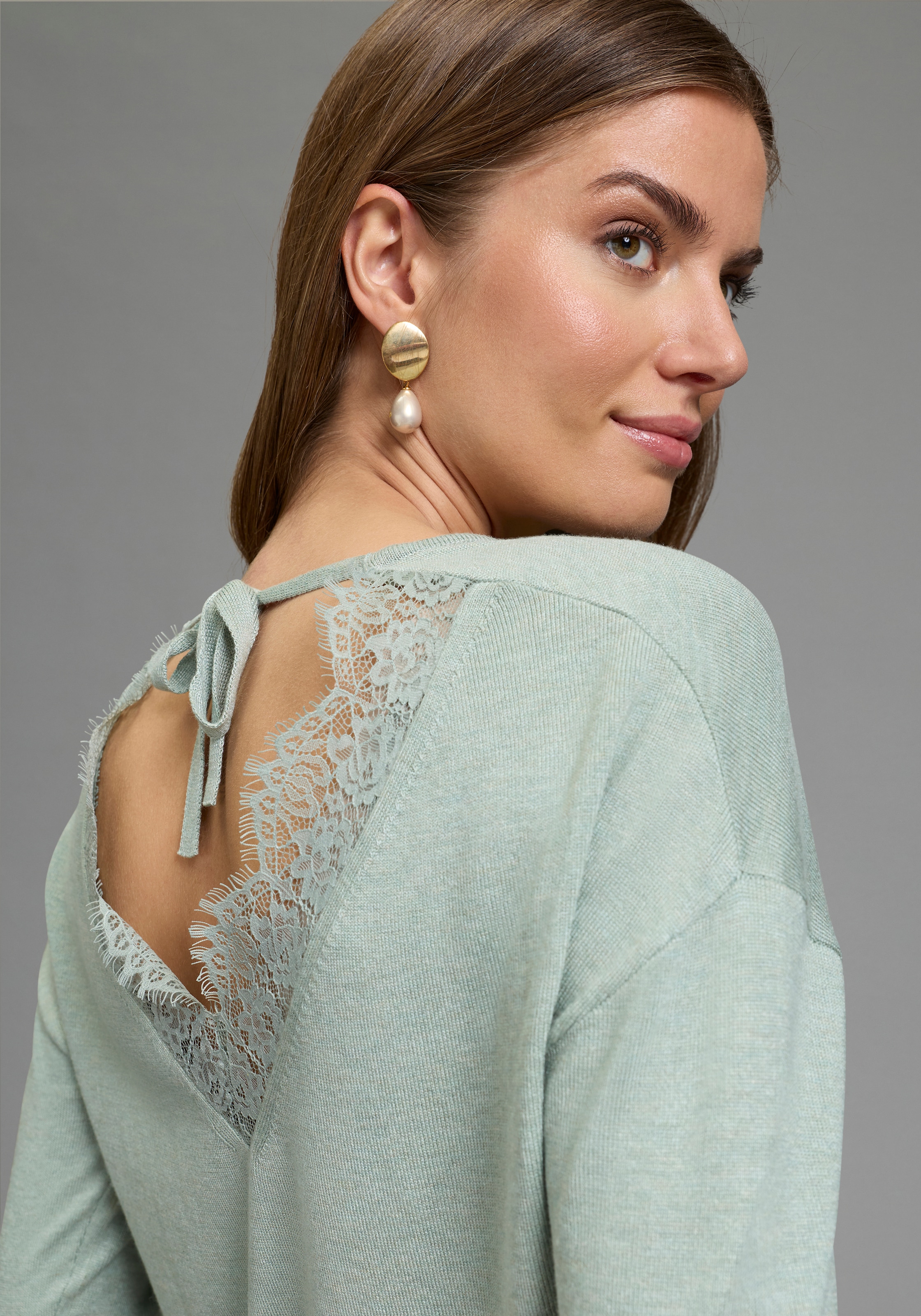 Laura Scott 3/4 Arm-Pullover aus Viskosemischung mit femininem Spitzeneinsatz und Schleifendetail