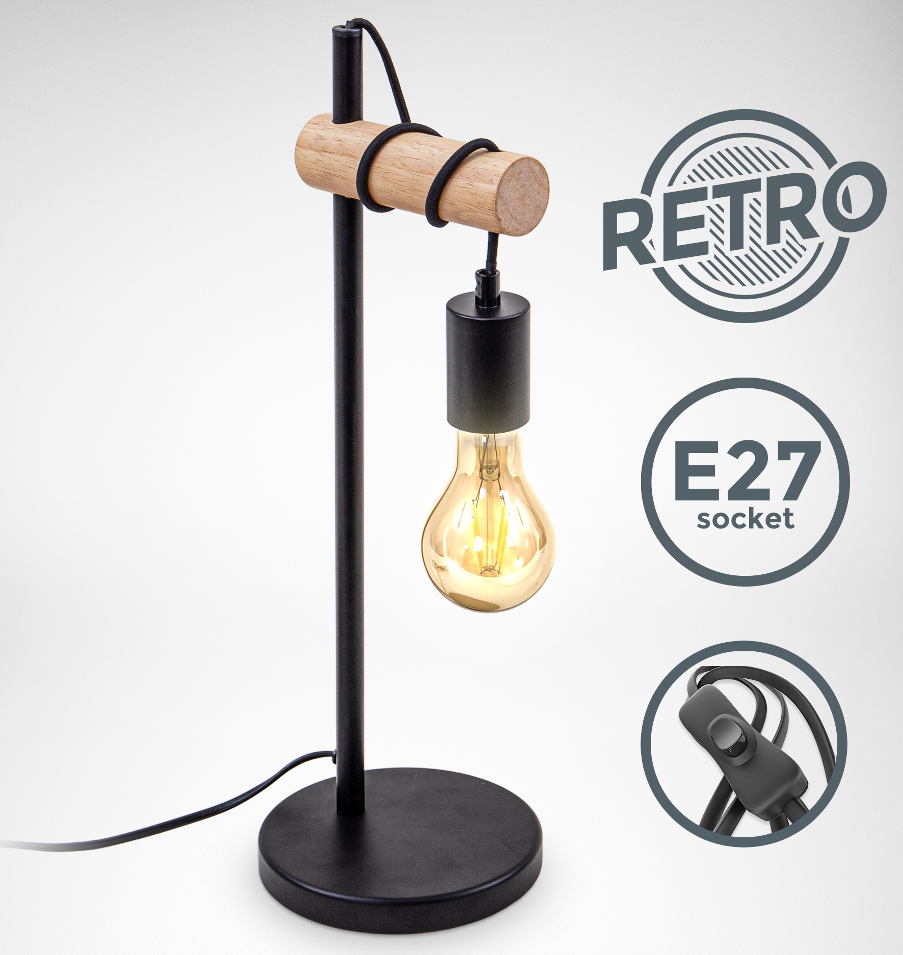 Retro E27«, Holz, 1 B.K.Licht flammig-flammig, (max. Vintage OTTO Tischlampe, Schreibtischlampe, flammige Stahl, online ohne Rund, 10W) bei Leuchtmittel Tischleuchte »BK_TL1341 1