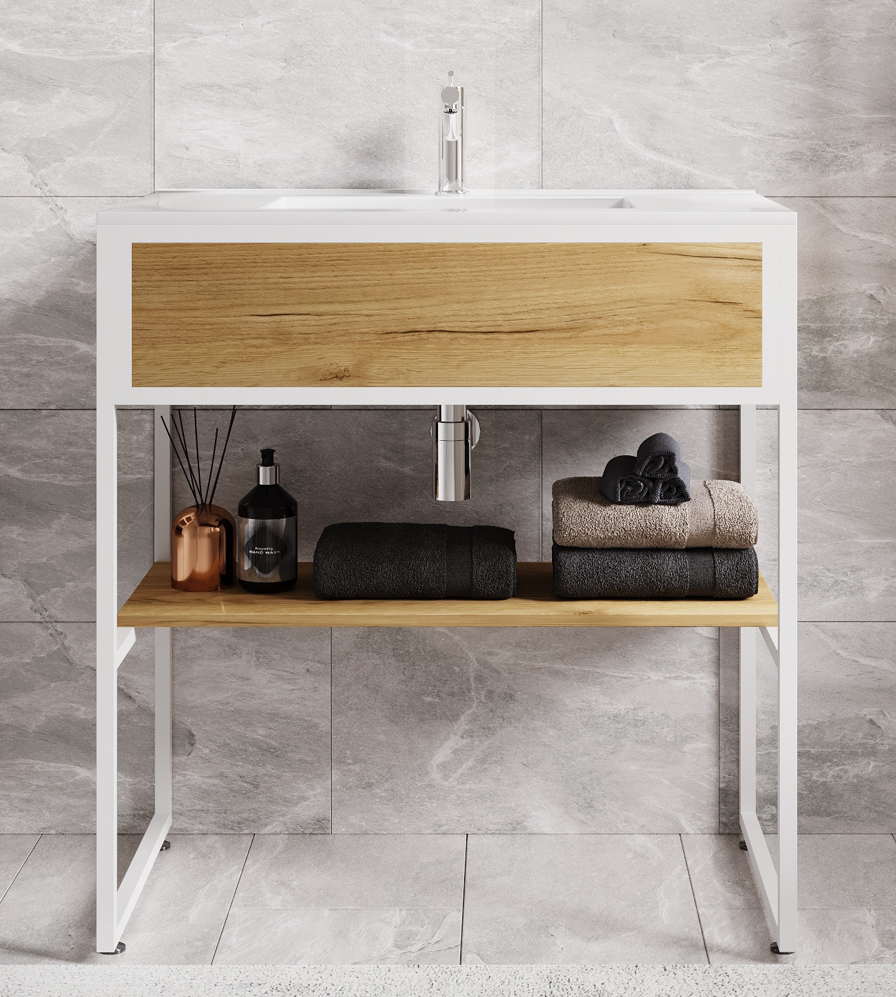 VCM Waschbeckenunterschrank »VCM 2-tlg. Waschplatz Waschtisch Badmöbel Set Waschbecken Holz Metall Industrial Style Bitila 80«, (2 St.)