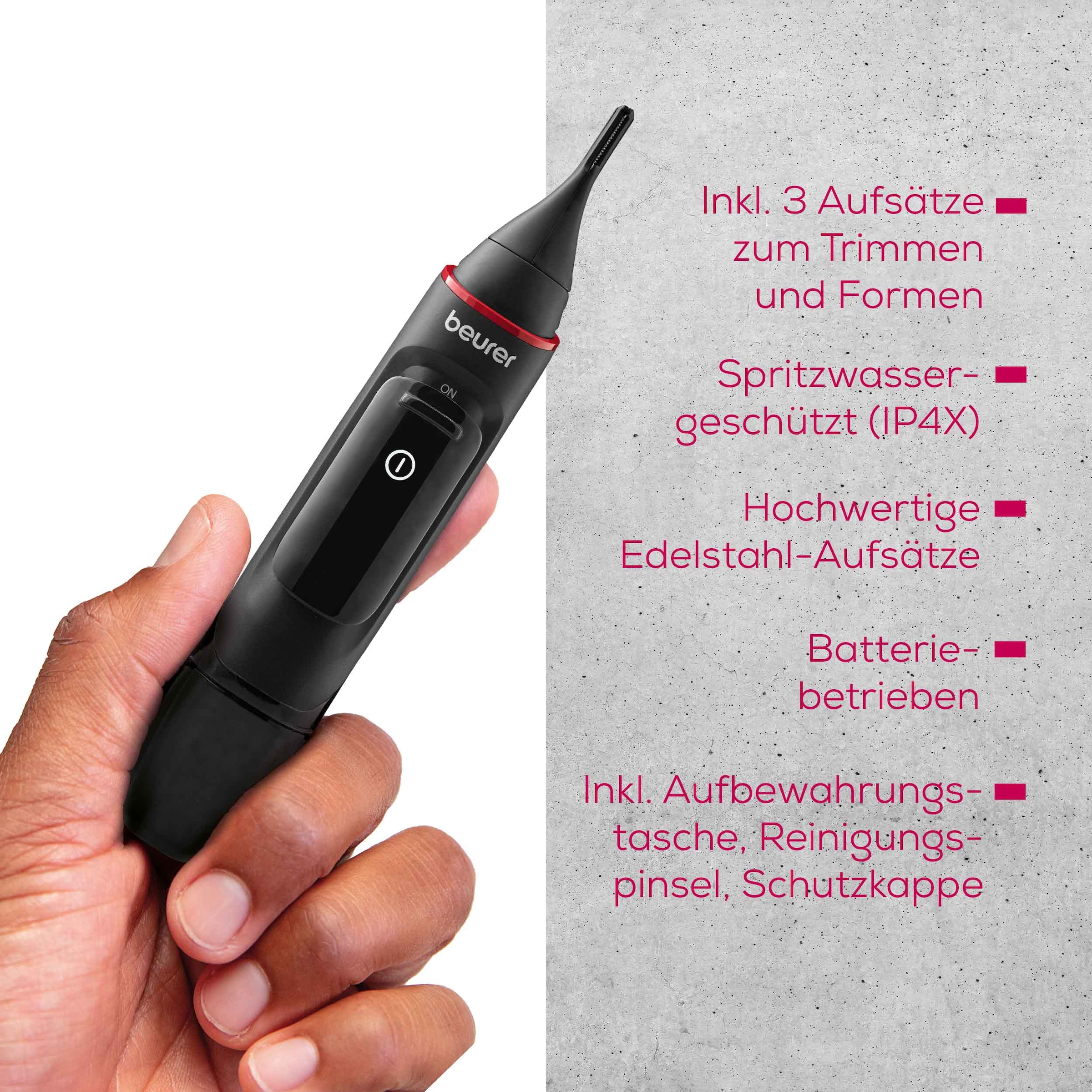 BEURER Nasen- und Ohrhaartrimmer »MN3X, Präzisionstrimmer für Augenbrauen, Nasen- sowie Ohrhaare«, 3 Aufsätze, Mit 2 Aufsätzen und extra Kammaufsatz mit 3 und 6 mm