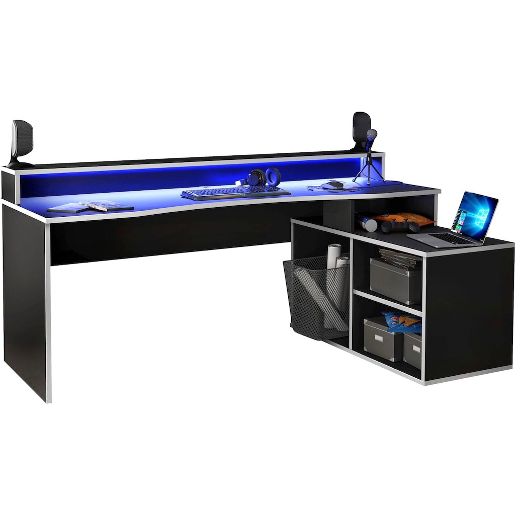 FORTE Gamingtisch »Tezaur«, mit RGB-Beleuchtung und Halterungen, Breite 200 cm, Ecktisch