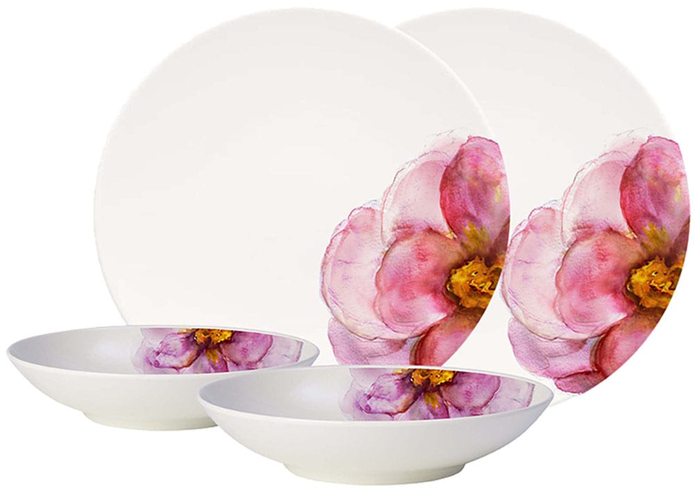 Villeroy & Boch Geschirr-Set »Rose Garden«, (Set, 4 tlg., 2x Suppenteller 24cm, 2x Speiseteller 28cm), Made in Germany, Fine China Porzellan