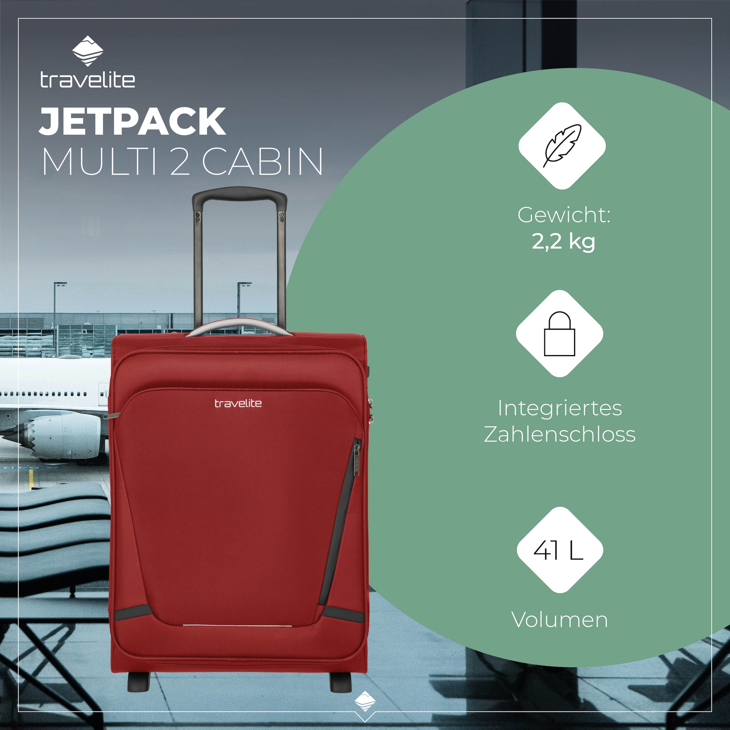 travelite Handgepäck-Trolley »JETPACK Multi 2 Cabin Handgepäck Koffer« 41 l 2 Rollen Weichgepäck, passend für Ryanair, Condor und viele gängige Airlines