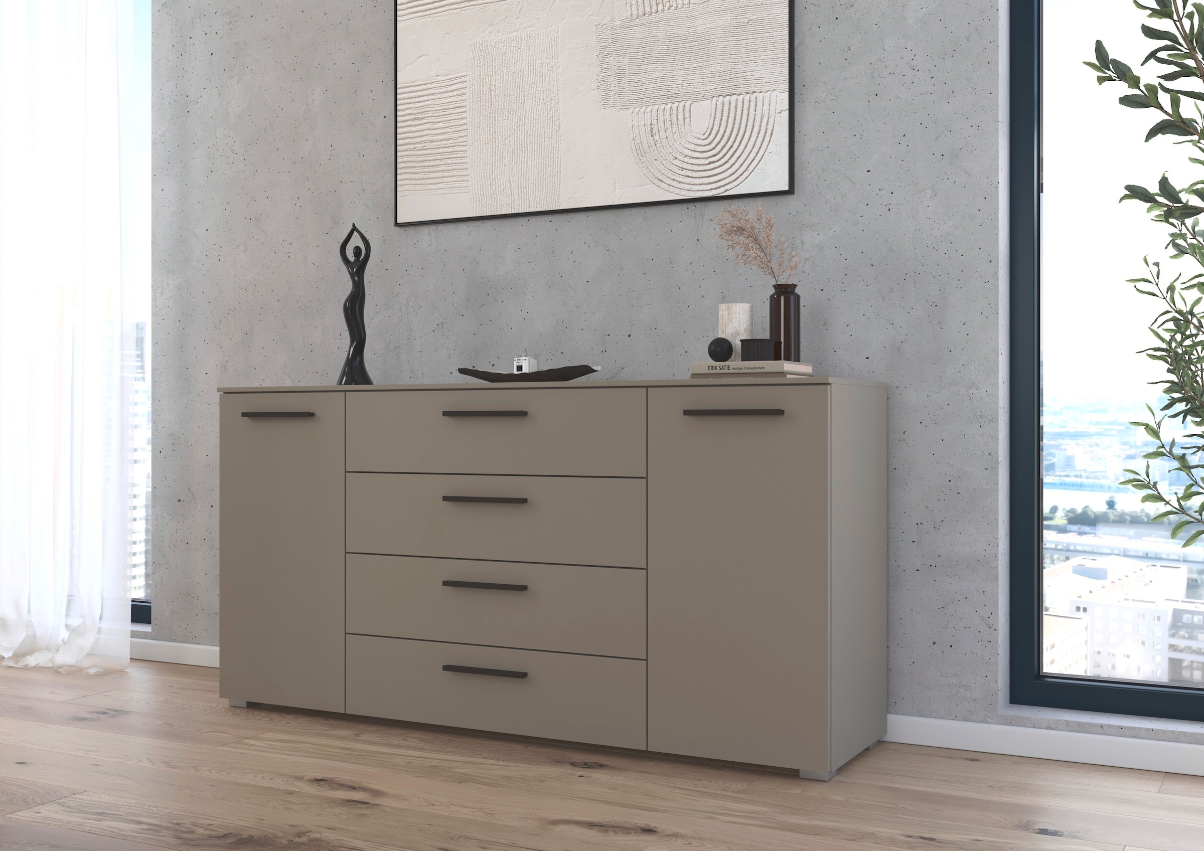 rauch Kombikommode »Sideboard Schubkommode Kommode MONTCLAR Front Dekor/Hochglanz/Glas« Breite 160 / Höhe 81 cm, 2 Einlegeböden, inkl. Soft-Close-Funktion,  2-türig, 4 geräumige Schubladen, viele Griffvarianten MADE IN GERMANY