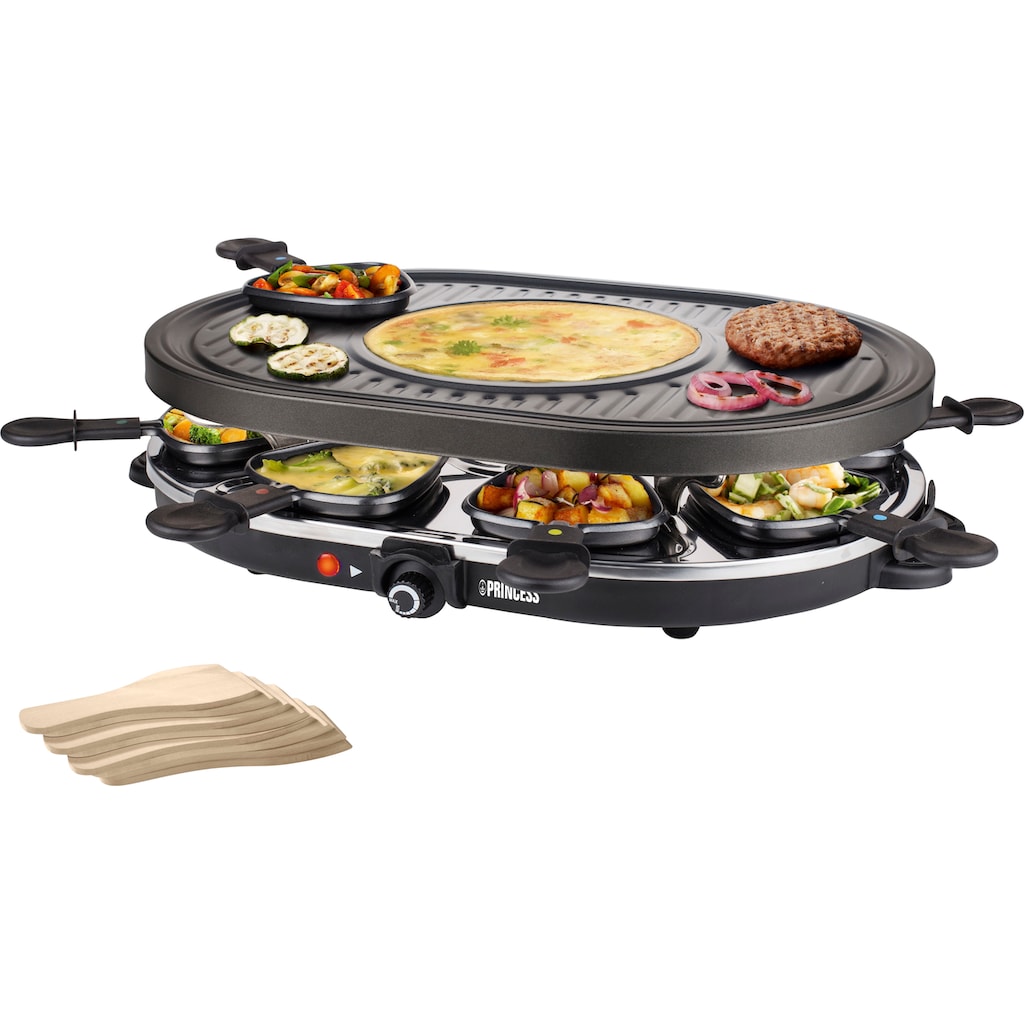 PRINCESS Raclette »162700 - Oval - 8 Pfannen«, 8 St. Raclettepfännchen, 1200 W, Multifunktionale Platte, inklusive 8 Pfännchen und 8 Holzschabern