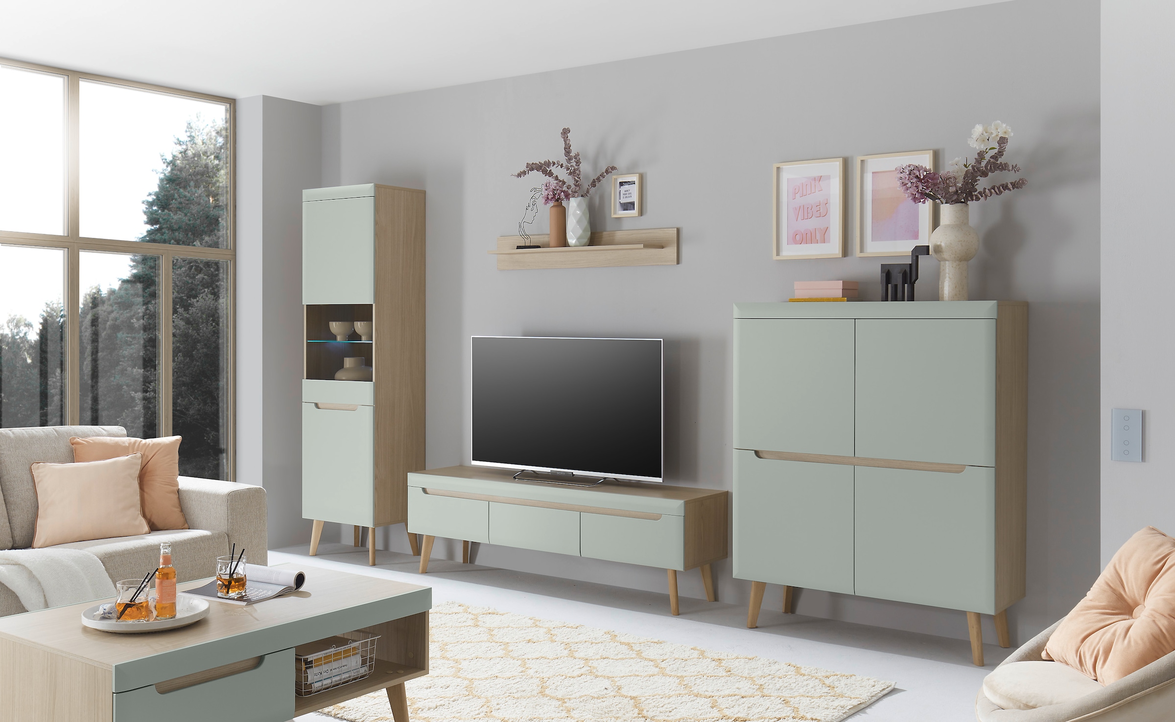 INOSIGN Wohnwand »Torge, Anbauwand, Schrankwand, Mediawand, Wohnzimmer-Set«, (Set, 4 St.), enthält 1 Vitrine, 1 Lowboard, 1 Highboard + 1 Wandboard, 360 cm breit