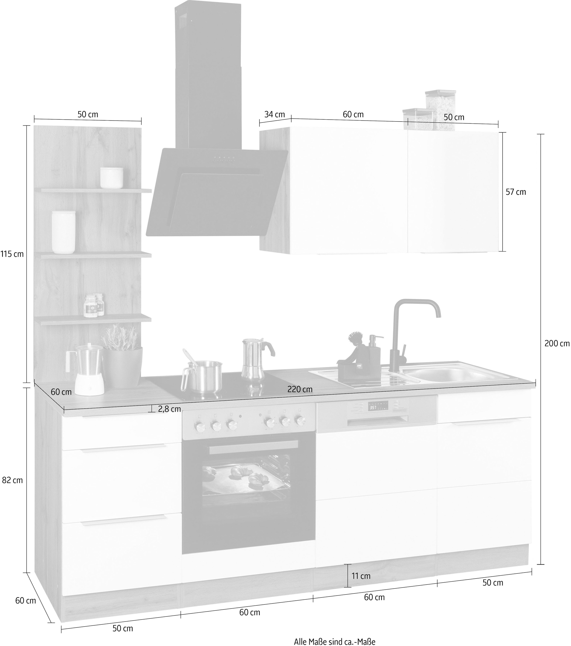 KOCHSTATION Küchenzeile »KS-Brindisi« Breite 220 cm, wahlweise mit E-Geräten, mit MDF-Fronten und Regal