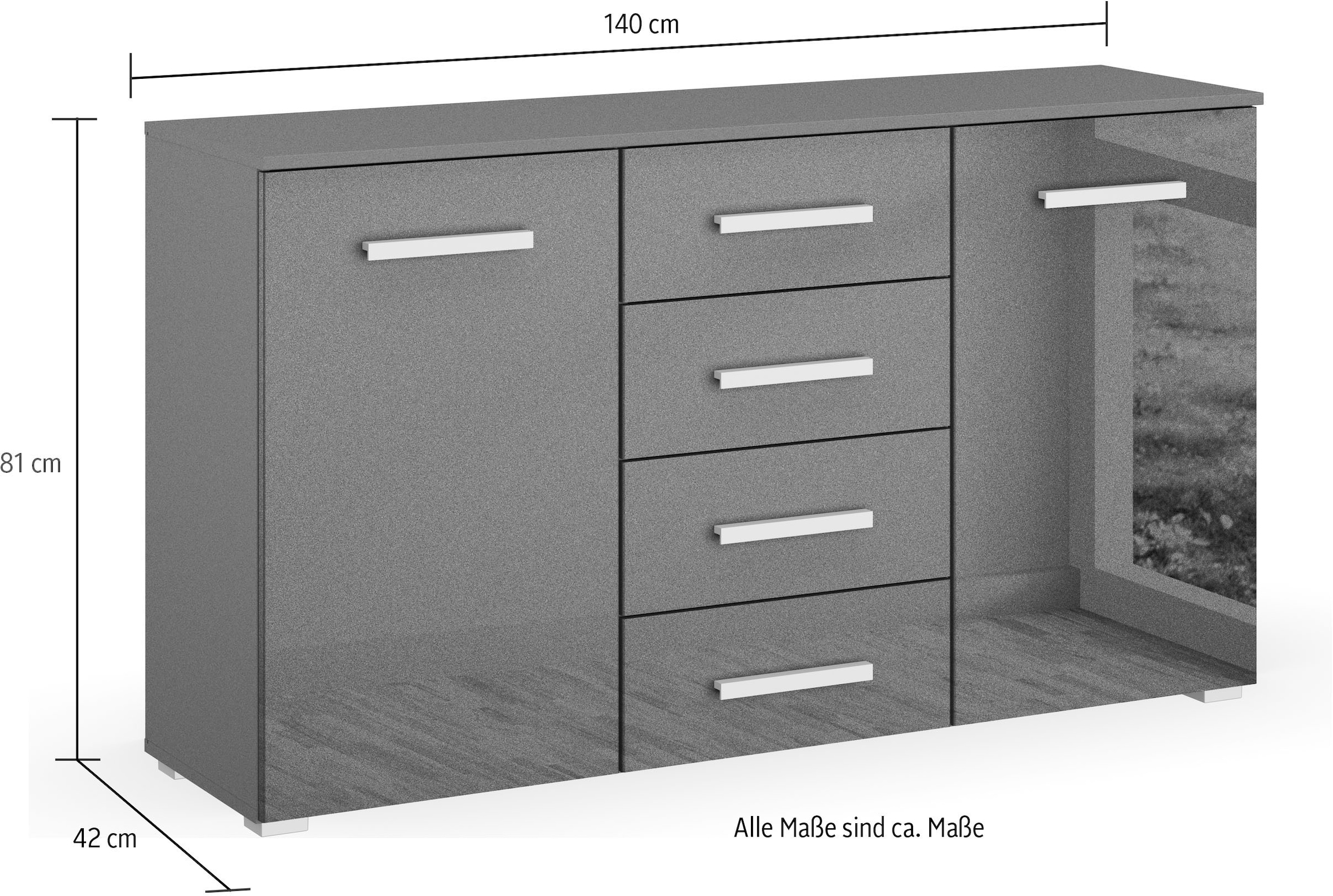 rauch Schubkastenkommode »Sideboard Kommode Kombikommode KOLUNA mit Hochglanzfront«, mit 4 Schubkästen und 2 Türen sowie Metallgriffen MADE IN GERMANY