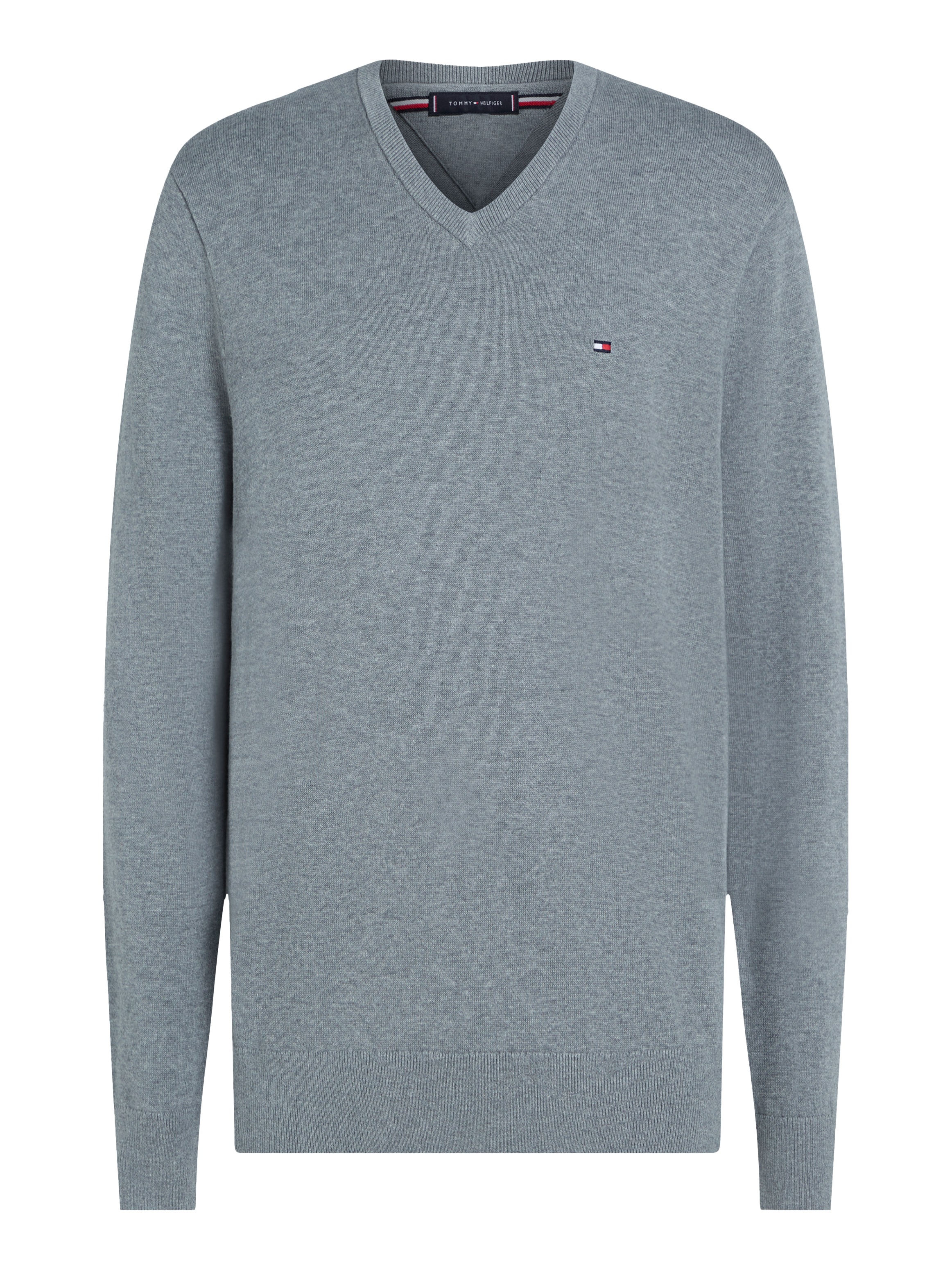Tommy Hilfiger Strickpullover »ESSENTIAL COTTON V NECK mit V-Ausschnitt und Stickerei«, unifarben, casual, regular fit, Baumwolle, V-Ausschnitt