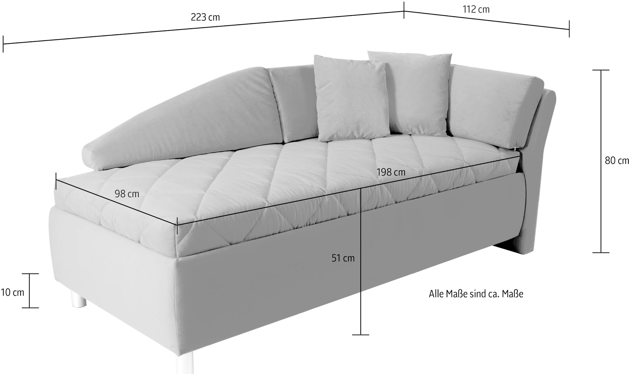 alina Schlafsofa, Bettkasten, Zierkissen-Set aus: 2 Stk. 40x40cm, 1 Stk. 30x30cm