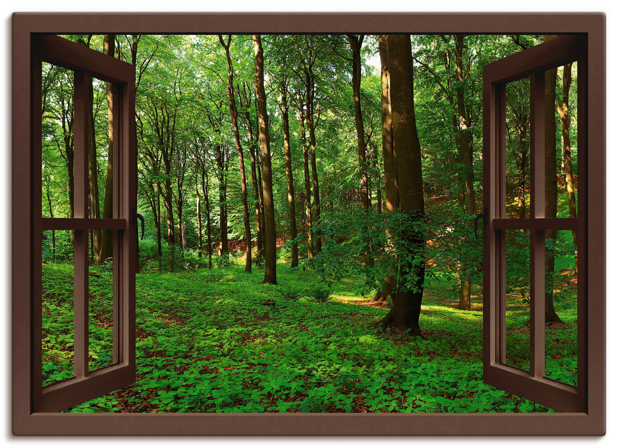 Artland Wandbild »Fensterblick Panorama grüner Sommerwald«, Fensterblick, (1 St.), in vielen Größen & Produktarten -Leinwandbild, Poster, Wandaufkleber / Wandtattoo auch für Badezimmer geeignet