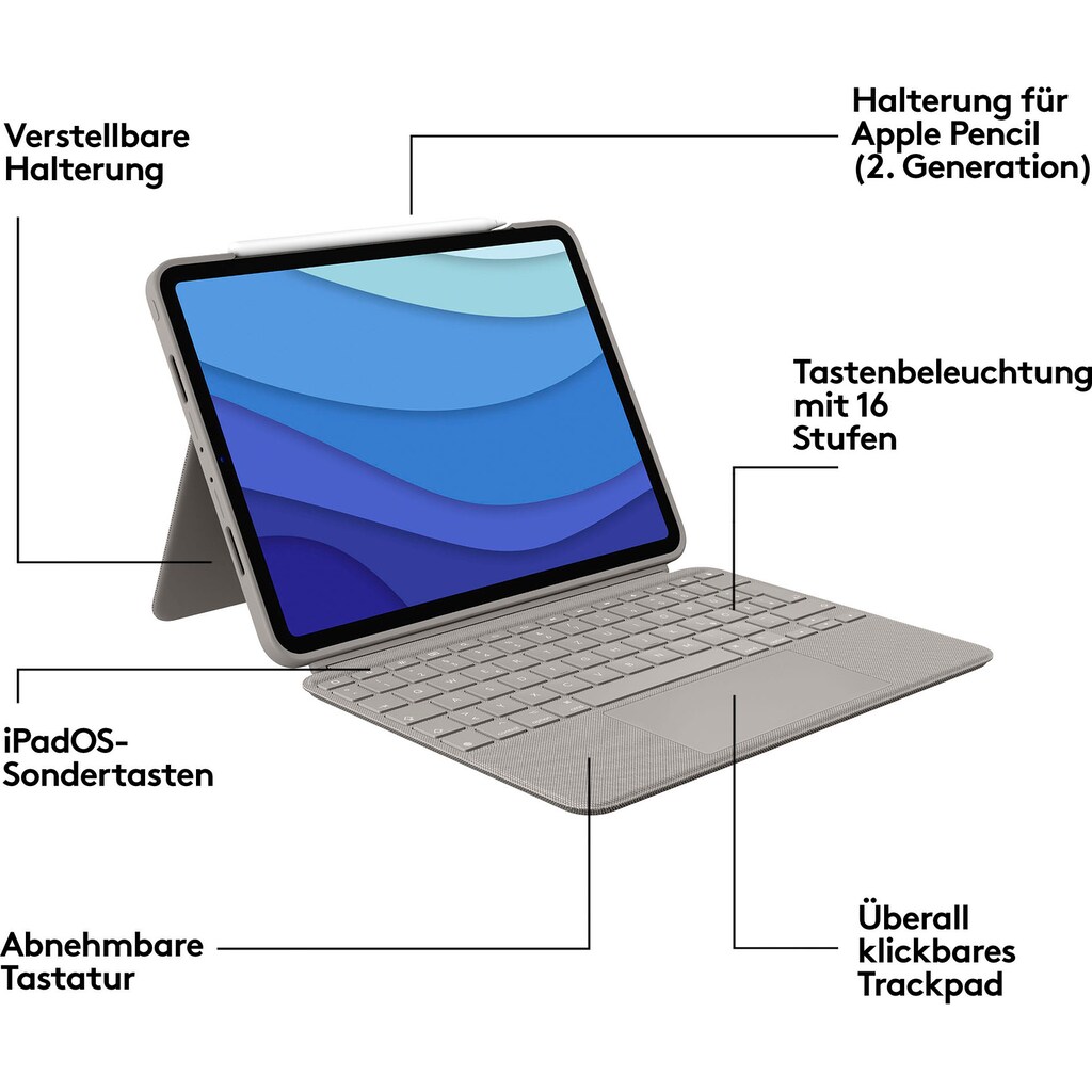 Logitech iPad-Tastatur »Combo Touch iPad Pro 11 Zoll«, (ausklappbare Füße-Multimedia-Tasten)