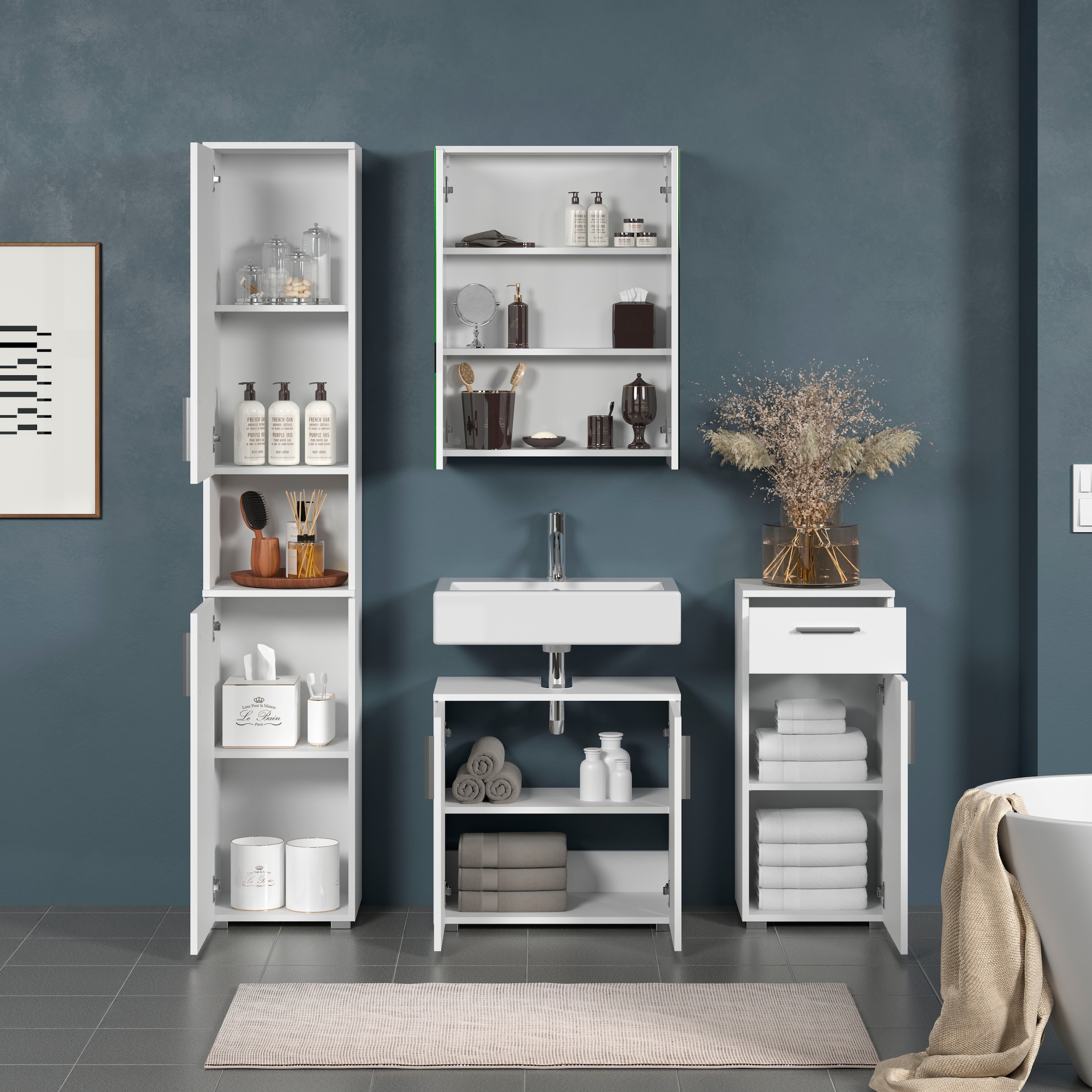 welltime Badezimmer-Set »Prag«, (Set, 4 St.), Badmöbel - Hochschrank, Waschtisch, Spiegelschrank und Unterschrank
