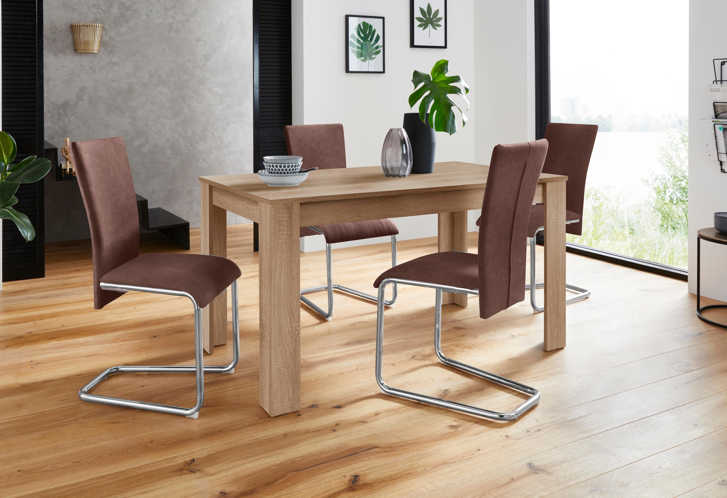 Homexperts Essgruppe »Nick3-Mulan«, (Set, 5 tlg.), mit 4 Stühlen, Tisch in eichefarben sägerau, Breite 140 cm