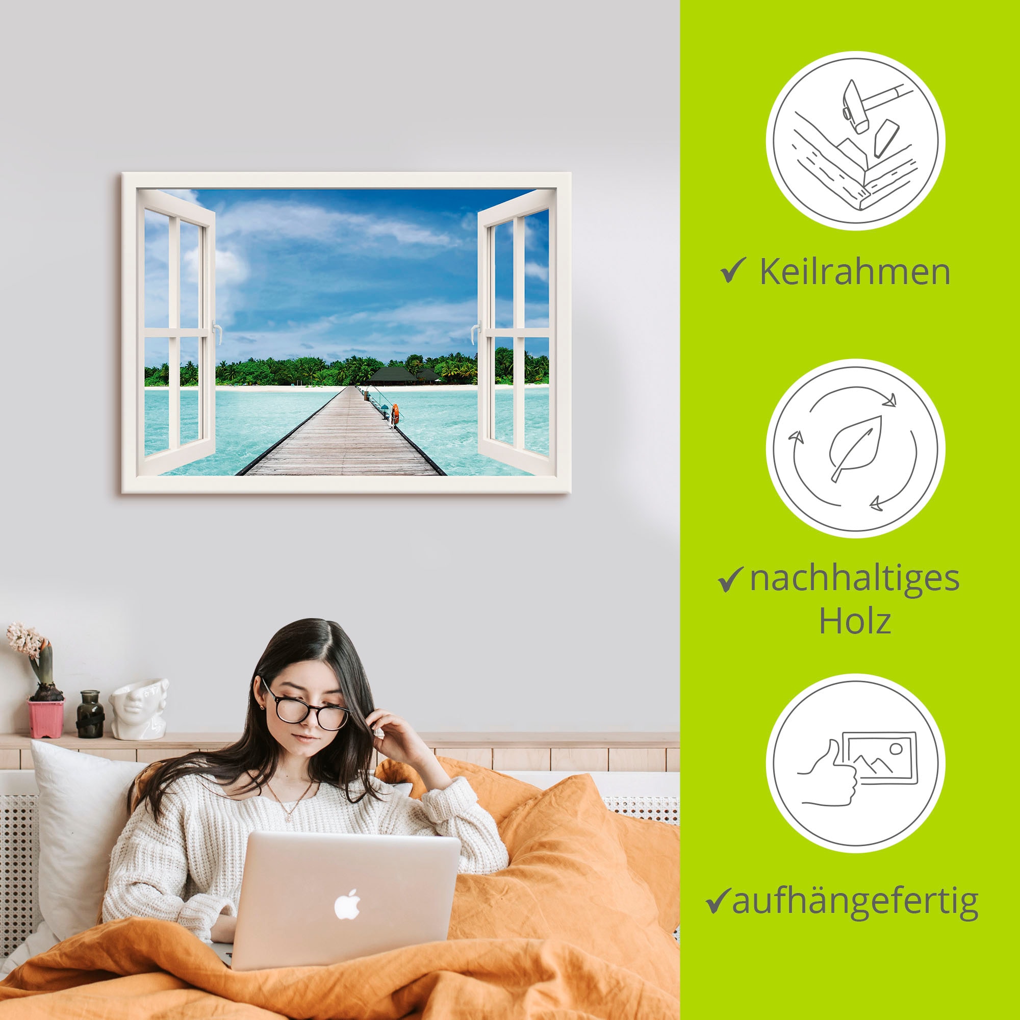 Artland Wandbild »Fensterblick maledivischen Paradies« Fensterblick 1 Stk. tlg. auf Holzrahmen gespannt