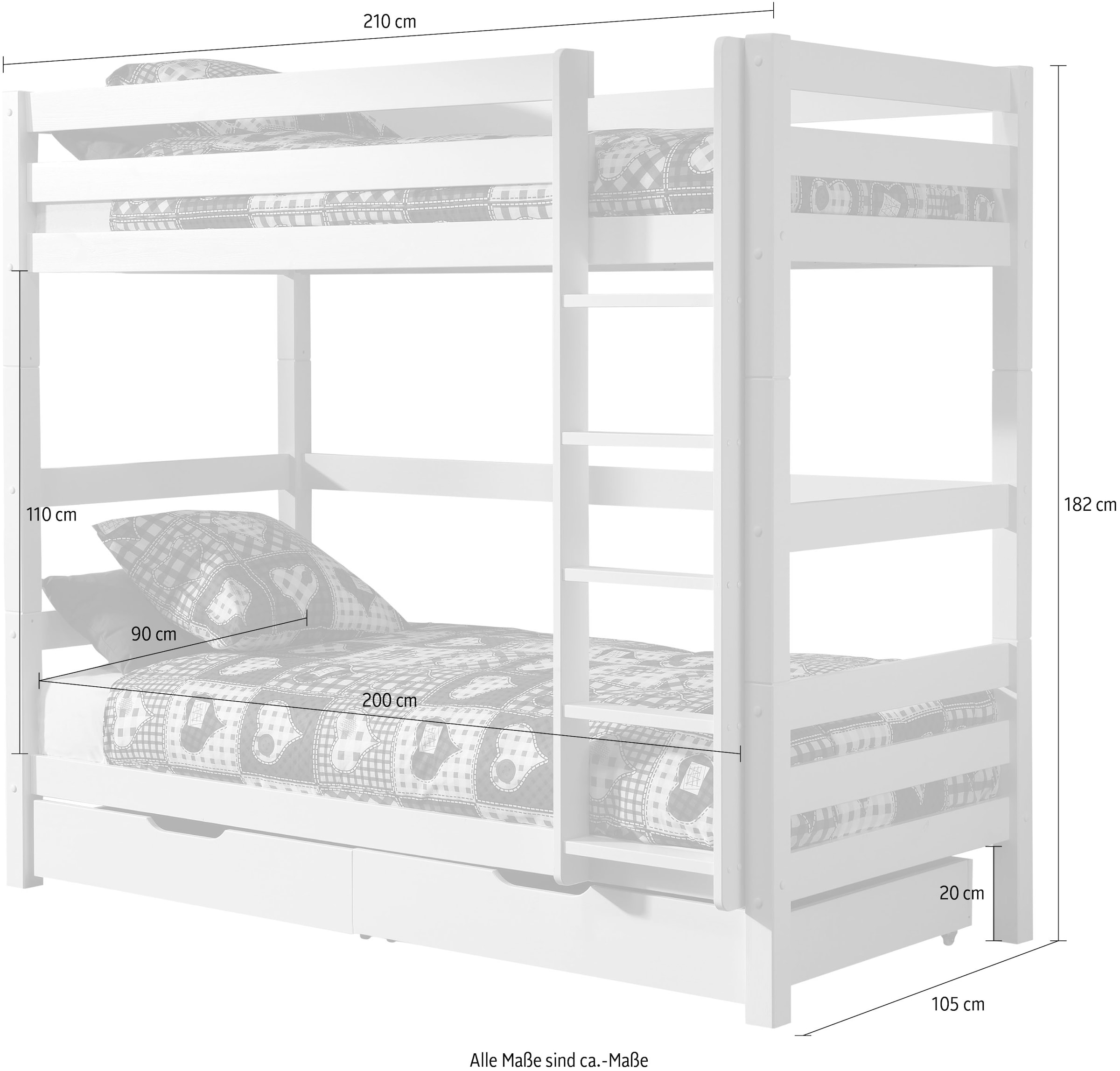 Vipack Etagenbett »Pino, inkl. Rolllattenrost, Leiter und Absturzschutz«, (B/H/T ca. 210x182x105cm, massiv Kiefer verschiedene Farben), wahlweise ohne Schublade, mit 1 großen, 2 kleinen Bettschubladen