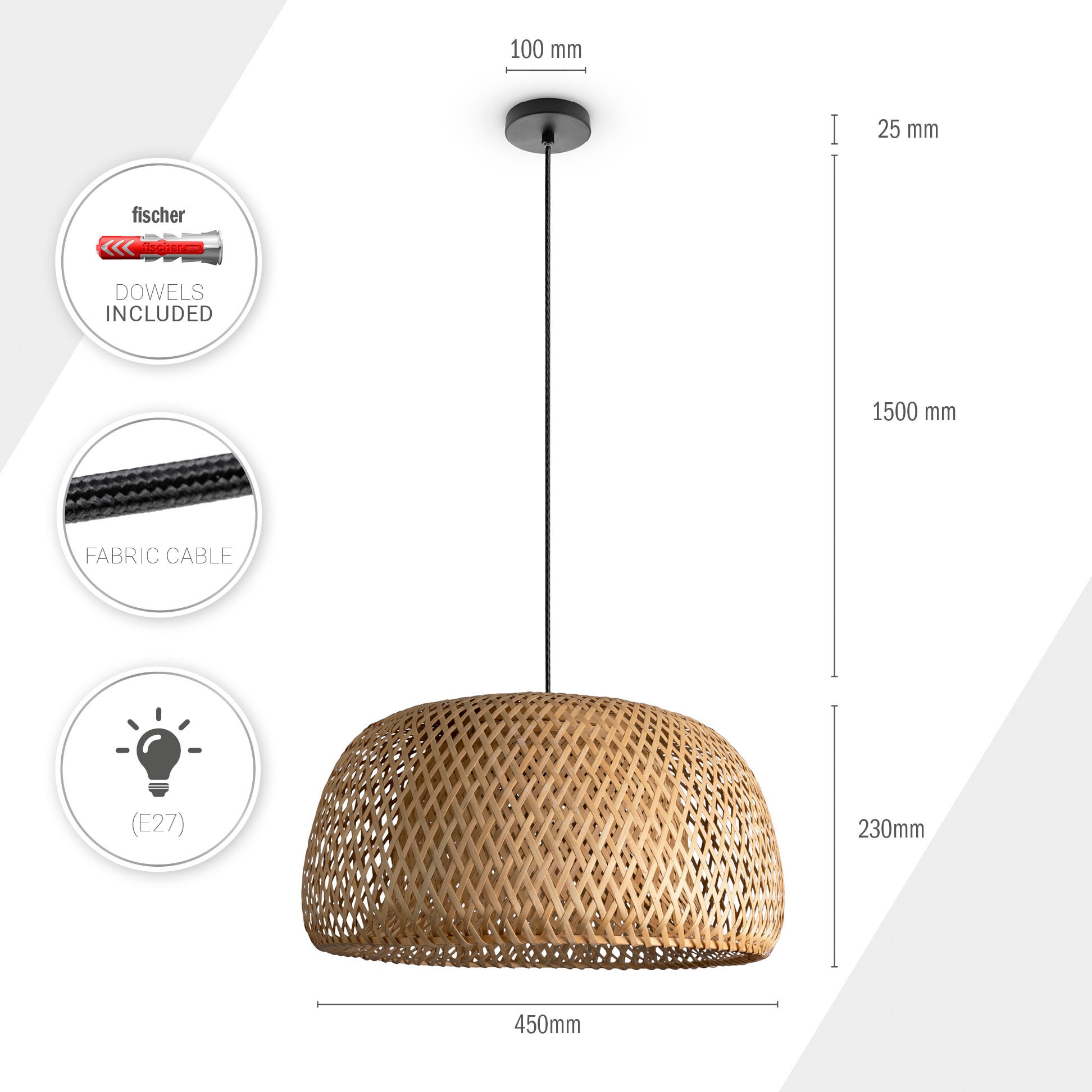 Paco Home Pendelleuchte »PESA«, Leuchtmittel E27 | ohne Leuchtmittel, Bambus Korblampen Hängeleuchte Rattan Optik Natur Boho E27 Rund