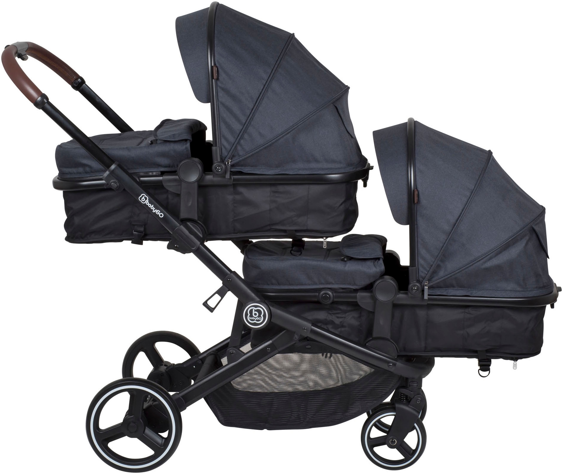 BabyGo Zwillings-Kombikinderwagen »Twinner Set, Grey melange«, 30 kg, inkl. 2 Regenhauben, Wickeltasche