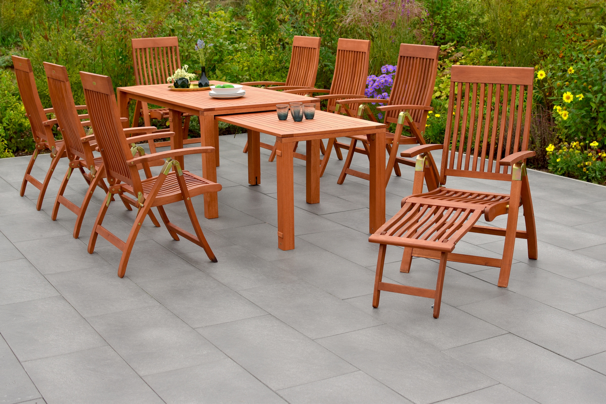 MERXX Garten-Essgruppe »Comodoro«, (Set, 9 tlg.), 6 Klappsessel, 2 Klappsessel mit Fußteil, Ausziehtisch