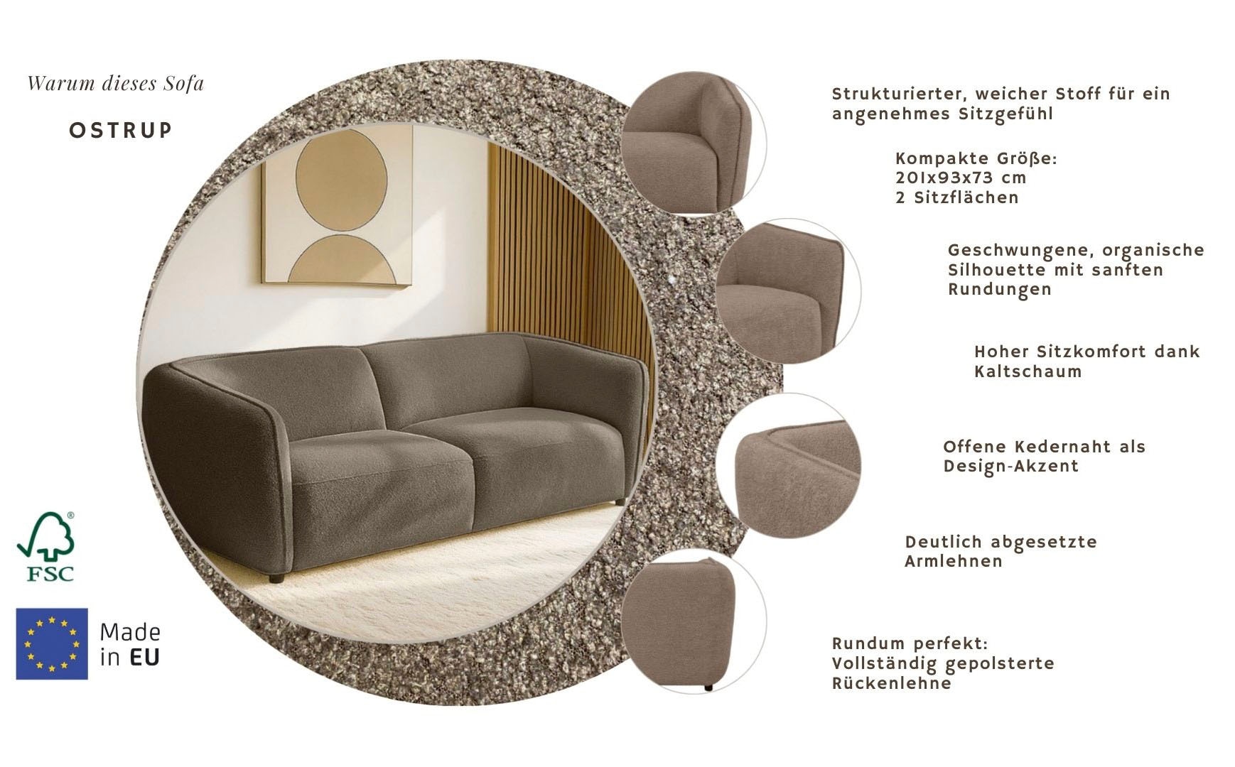 Home affaire 2,5-Sitzer »OSTRUP, Naturtöne, Boucle« Breite 201 cm, organische Form mit sanften Rundungen