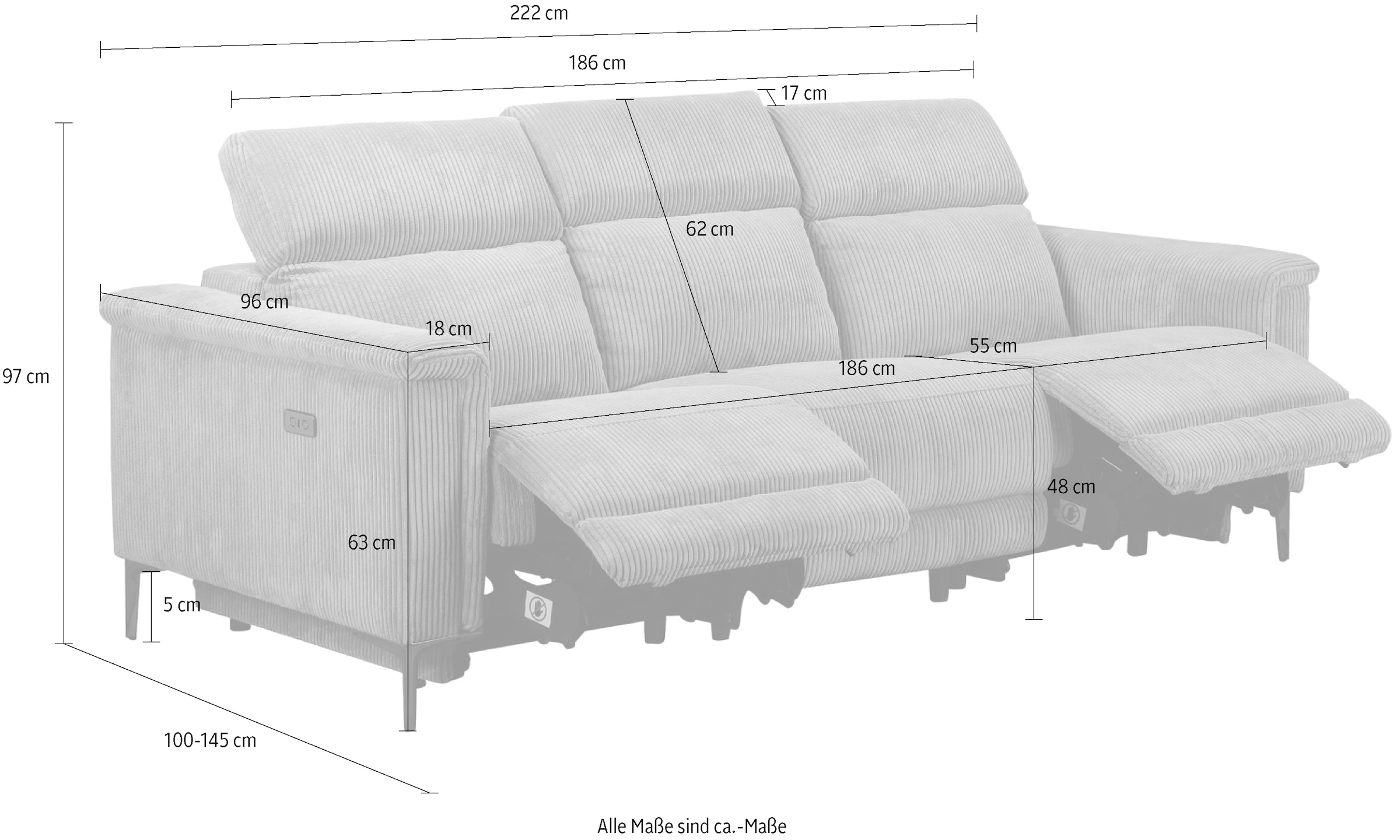 Places of Style 3-Sitzer »Lund Cord, mit manueller o. elektrischer Relaxfunktion in 2 Sitzen,«, USB-A, Kopfteilverstellung, Breite 222 cm