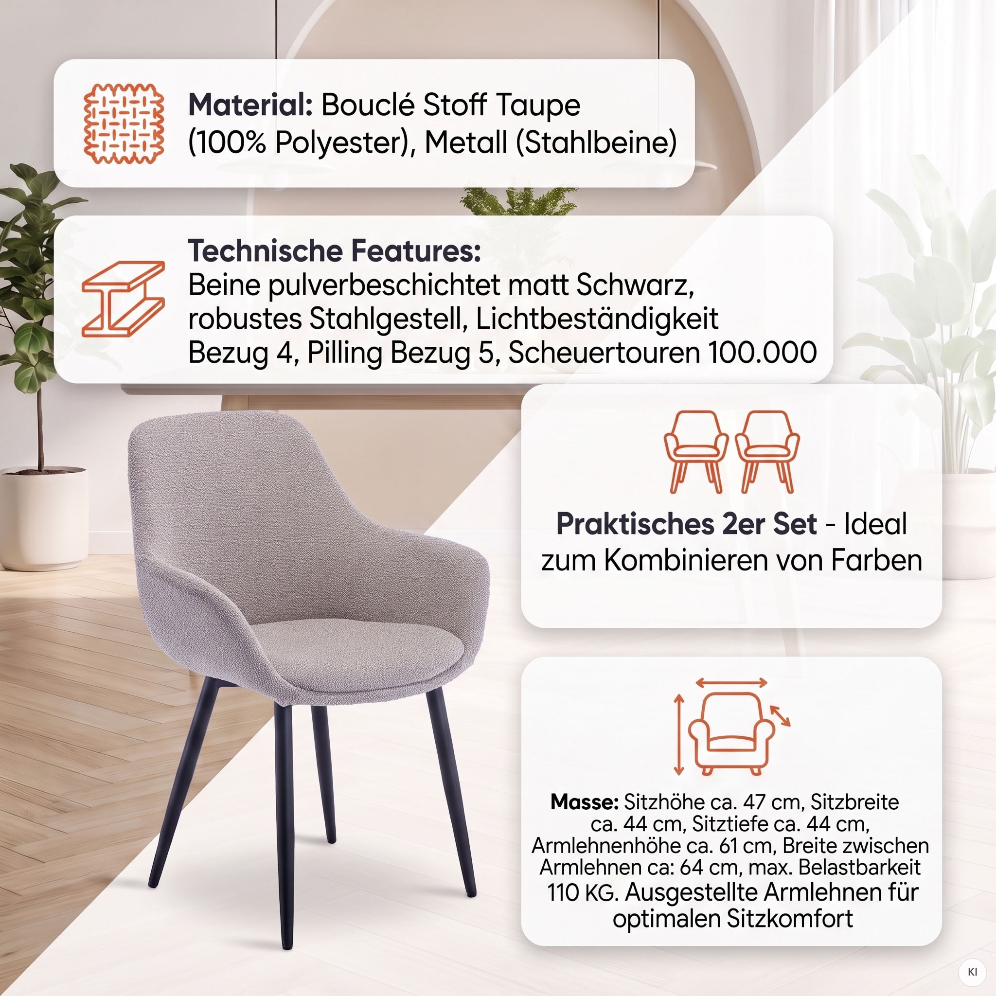 SalesFever Armlehnstuhl »Esszimmerstuhl mit elegantem Komfort« (Set) 2 Stk.moderner Bouclé-Bezug