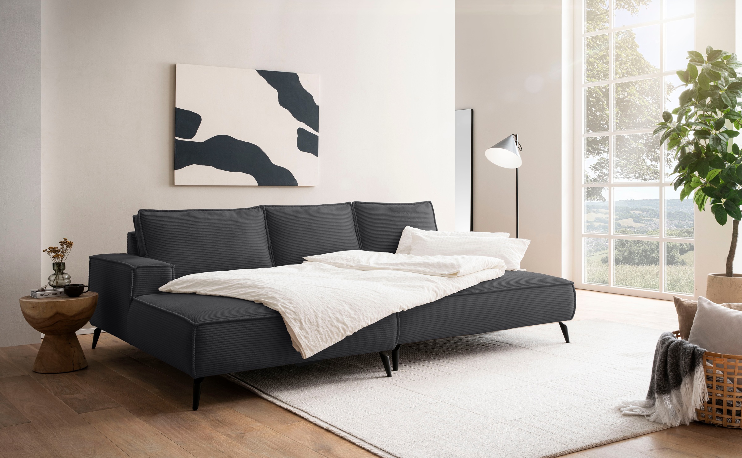 andas Ecksofa »TVINNU, L-Form, 275cm, in Cord und Leinenoptik« wahlweise Recamiere rechts/links, schwarze Füße, bequemer Sitzkomfort