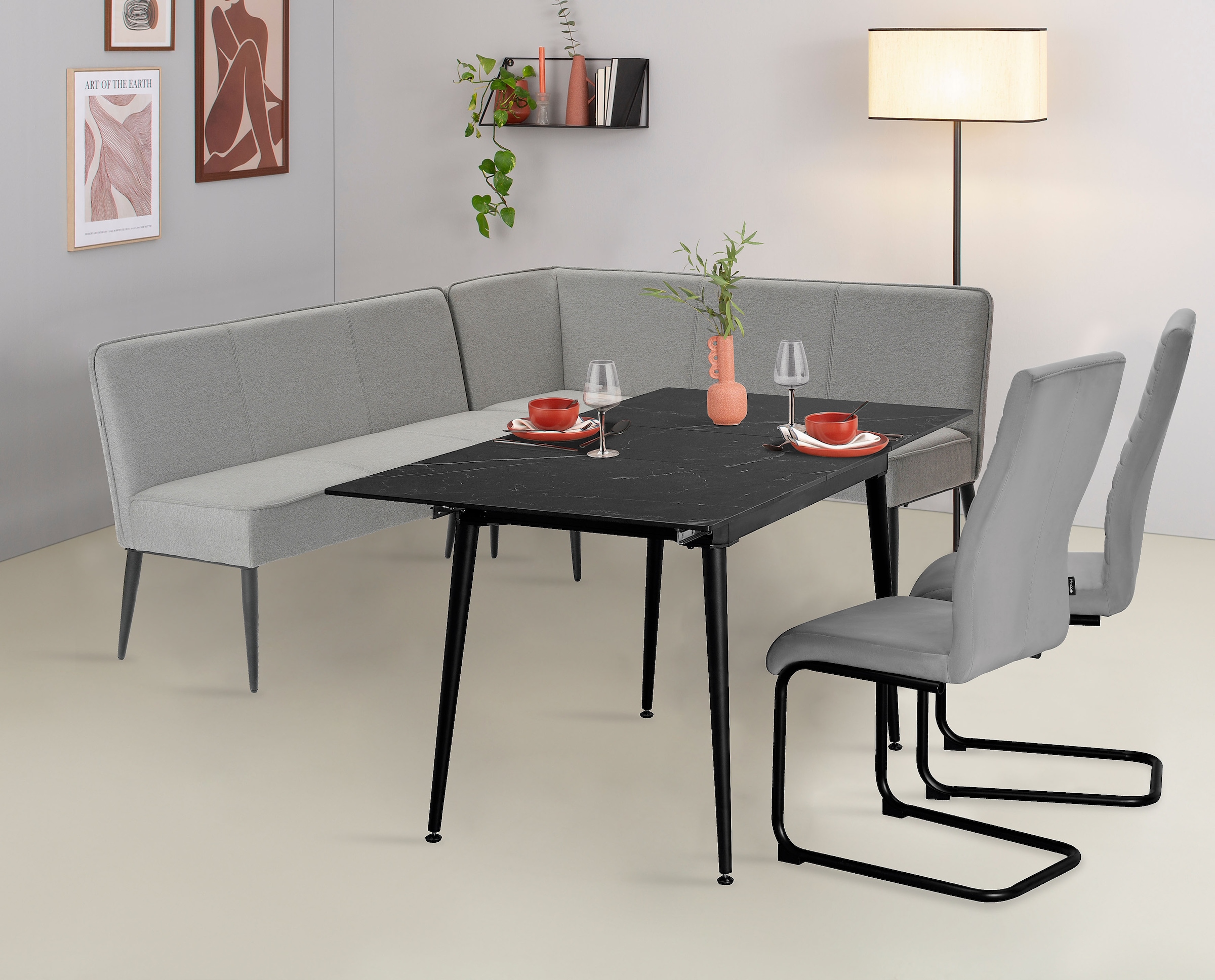 Home affaire Eckbank »LENZROSE«, (Esszimmerbank, Bank,), mit Taschenfederkern, schwarzes Metallgestell, Breite 202 cm
