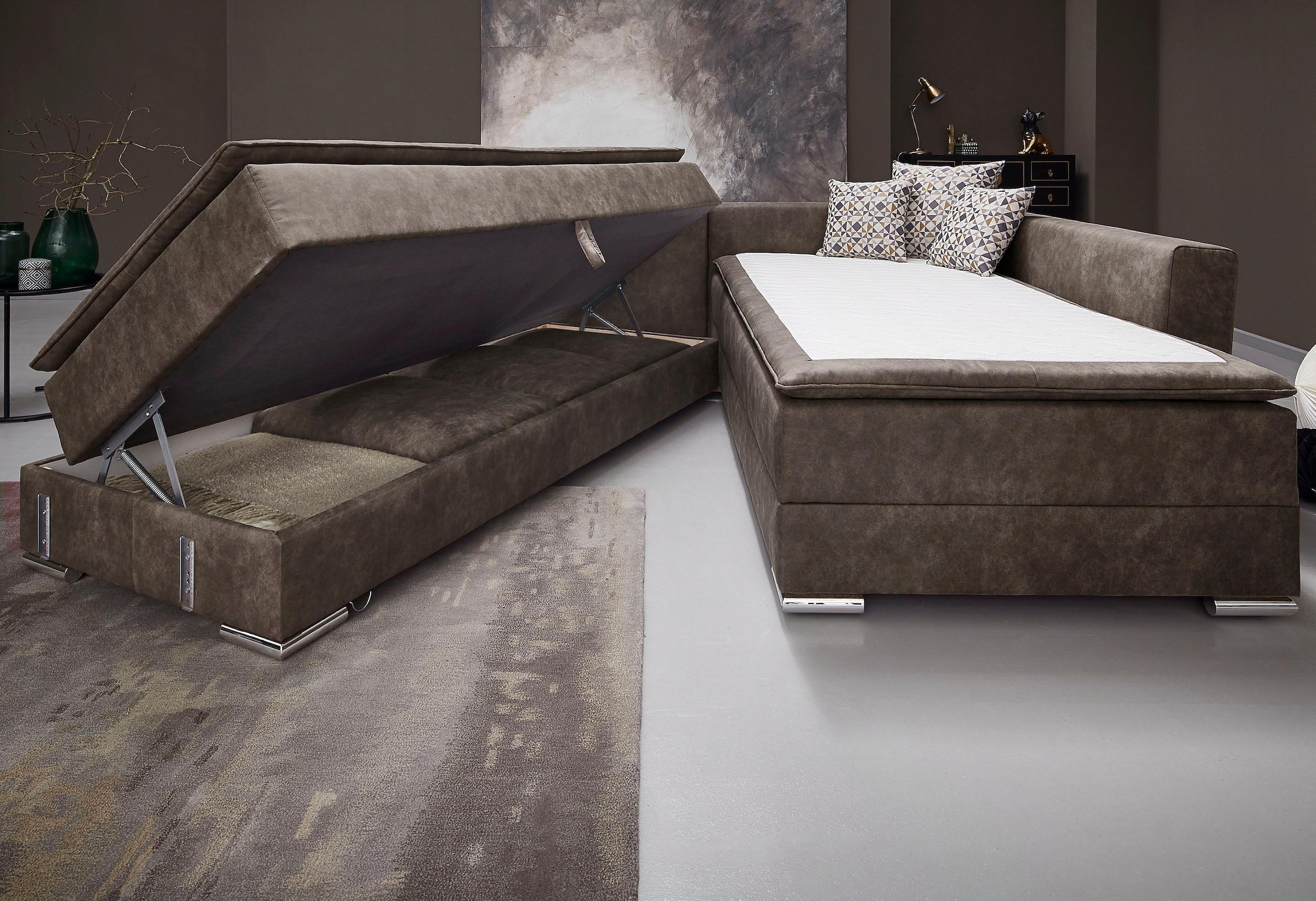 INOSIGN Ecksofa »Boxspringbett Night & Day L-Form mit Dauer-Schlaffunktion mit Armlehne«, mit Boxspring-Bettfunktion 180x200 cm und Bettkasten, Dauerschläfer!